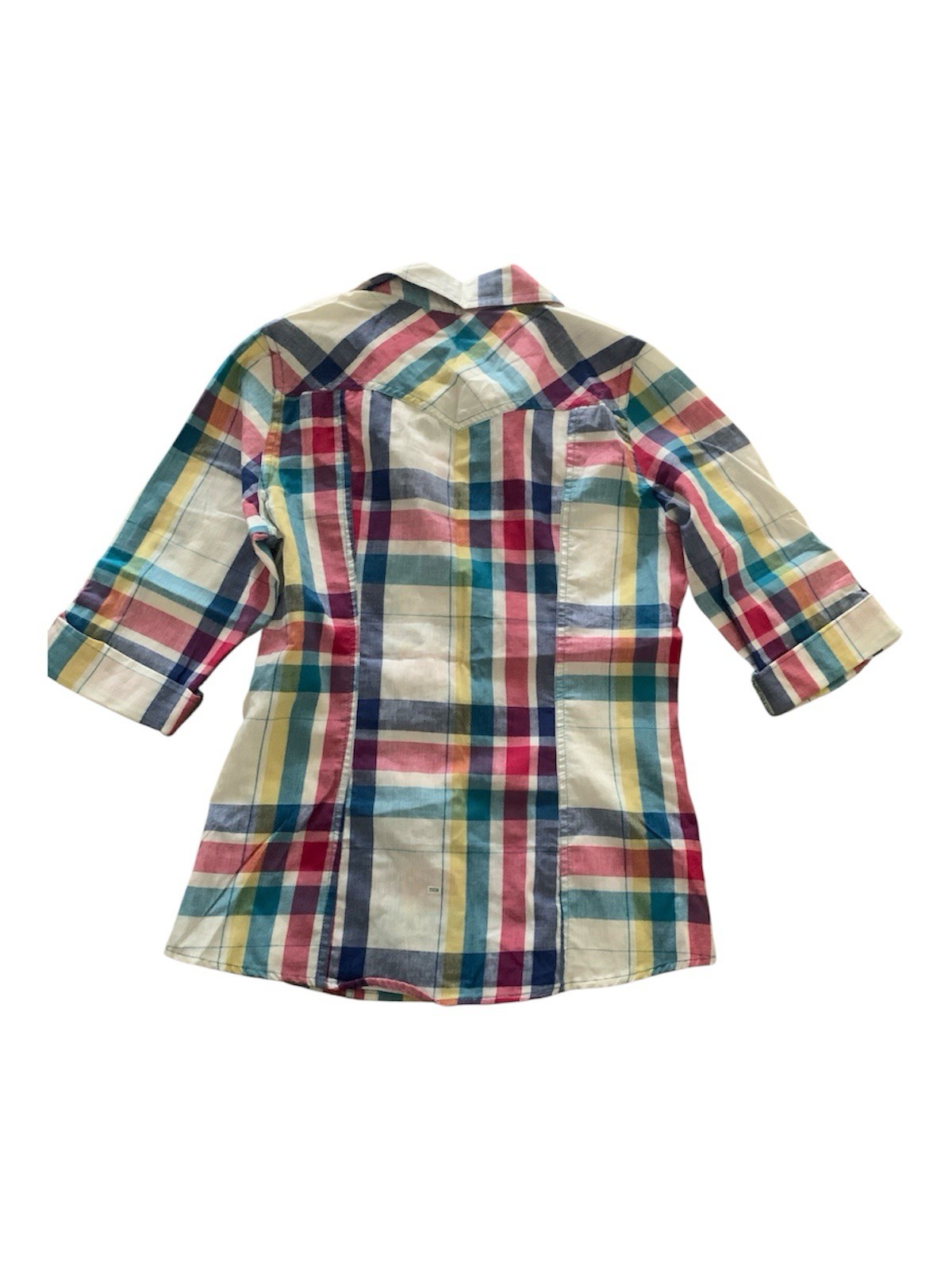 Passport Plaid Button-Up Collared Blouse w/ Pockets 3/4 Sleeve Multicolor M