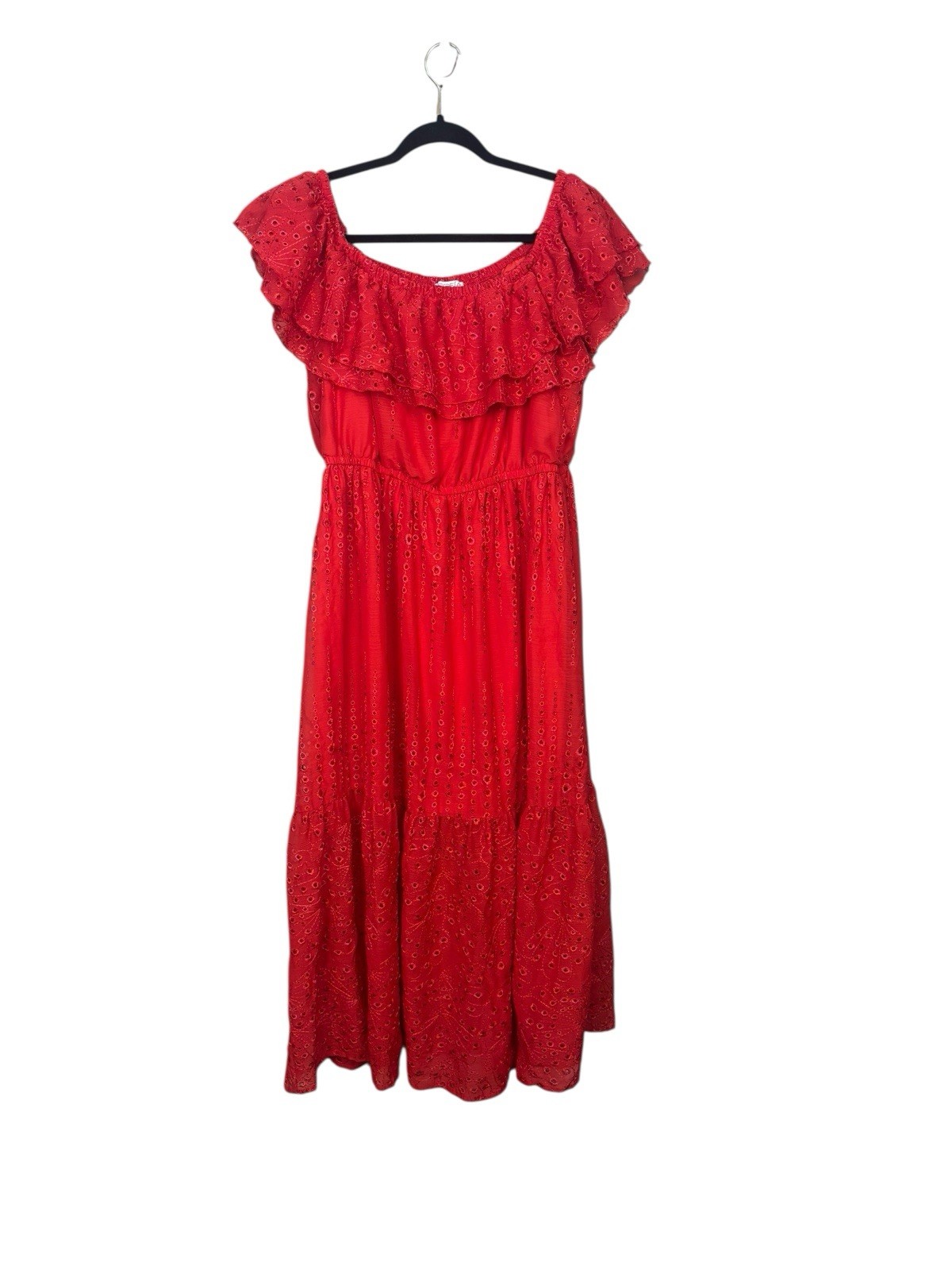 Sophia Jeans Sophia Vergara Dress Size XXL Red Off Shoulder Ruffle Maxi Eyelet