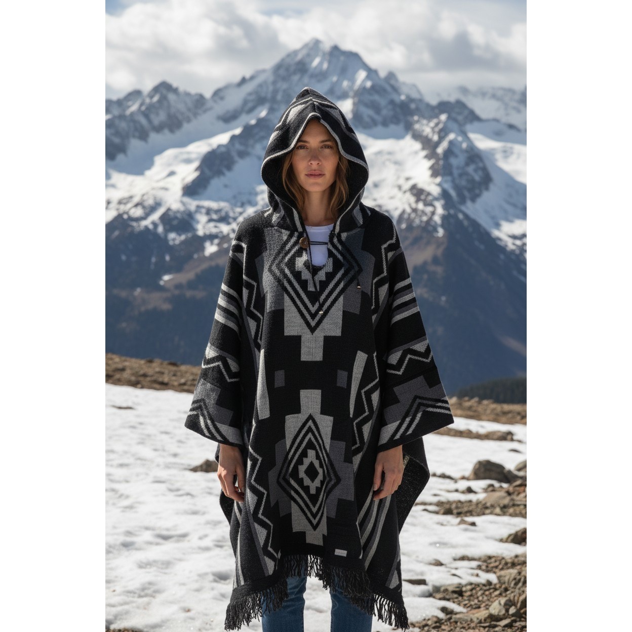 Aztec Geometric Hooded Poncho Black Gray Fringe One Size
