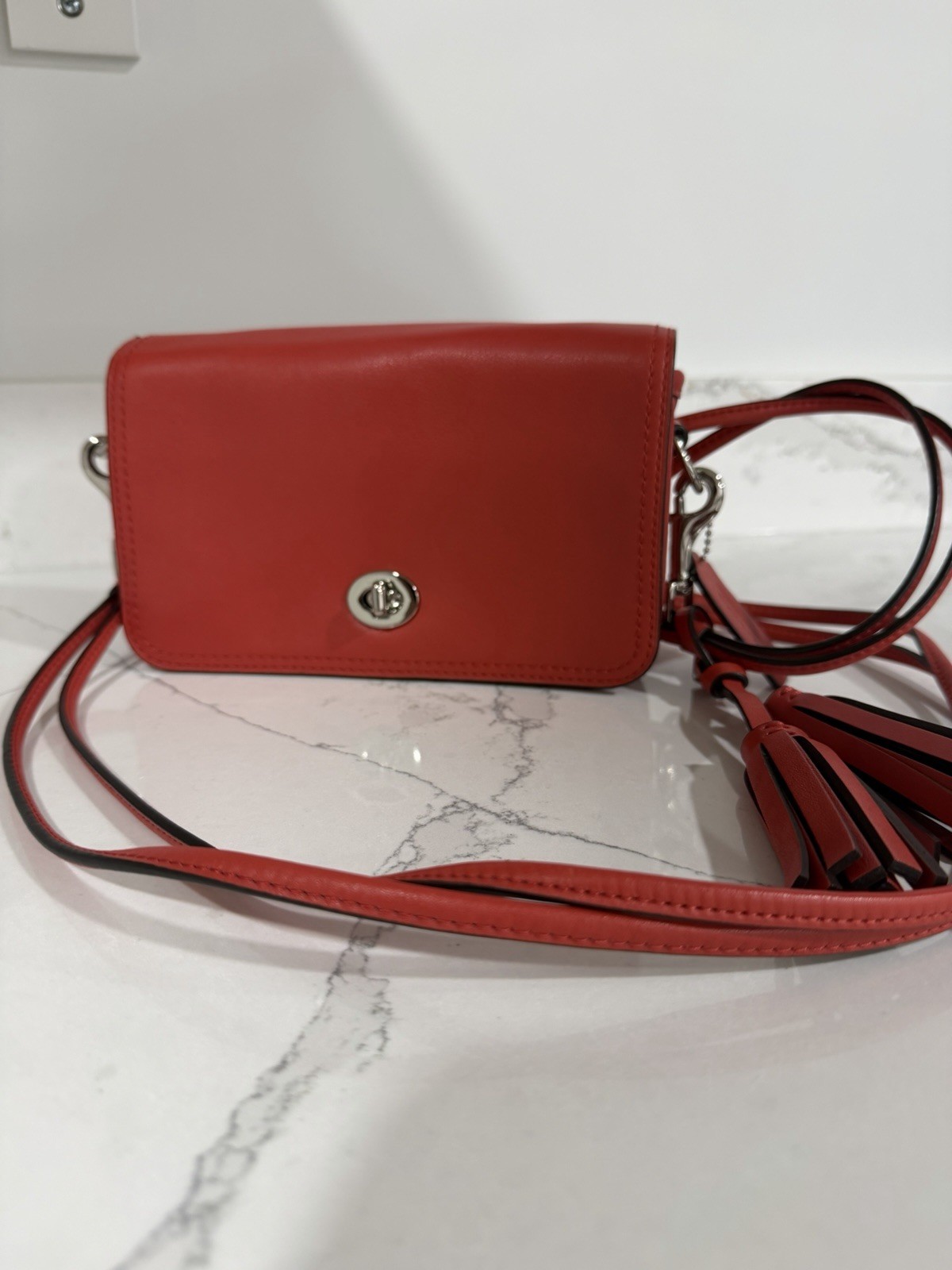 Coach Red Small Crossbody Bag Turn Lock Tassel Silver Hardware Detachable Strap
