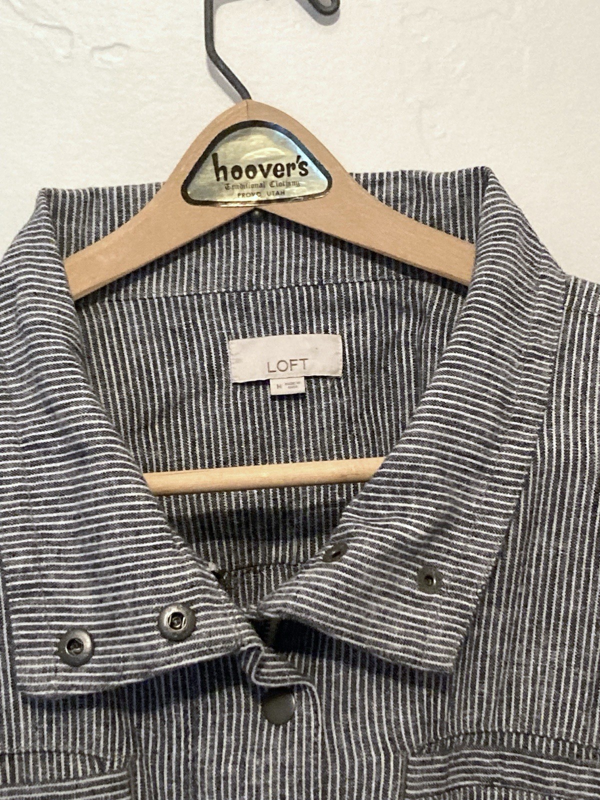 LOFT Linen Cotton Medium Blue Stripe Jacket Zip Cinch Drawstring