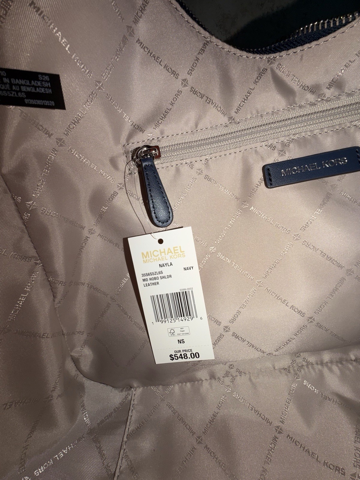 Michael Kors Nayla Medium Suede Leather Hobo Shoulder Bag Navy/Silver