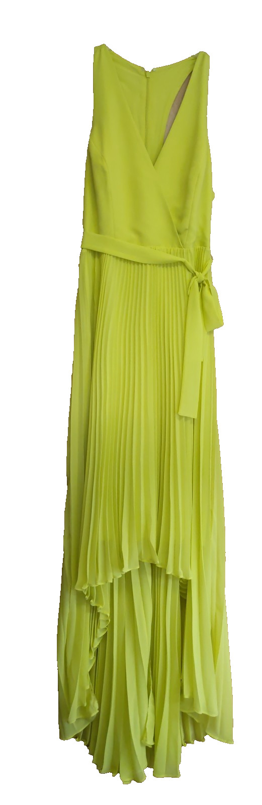 $198 NWT BCBG Paris 8 Dress Alyssa Maxi Pleated Hi-Low T-Back Lemongrass Crepe