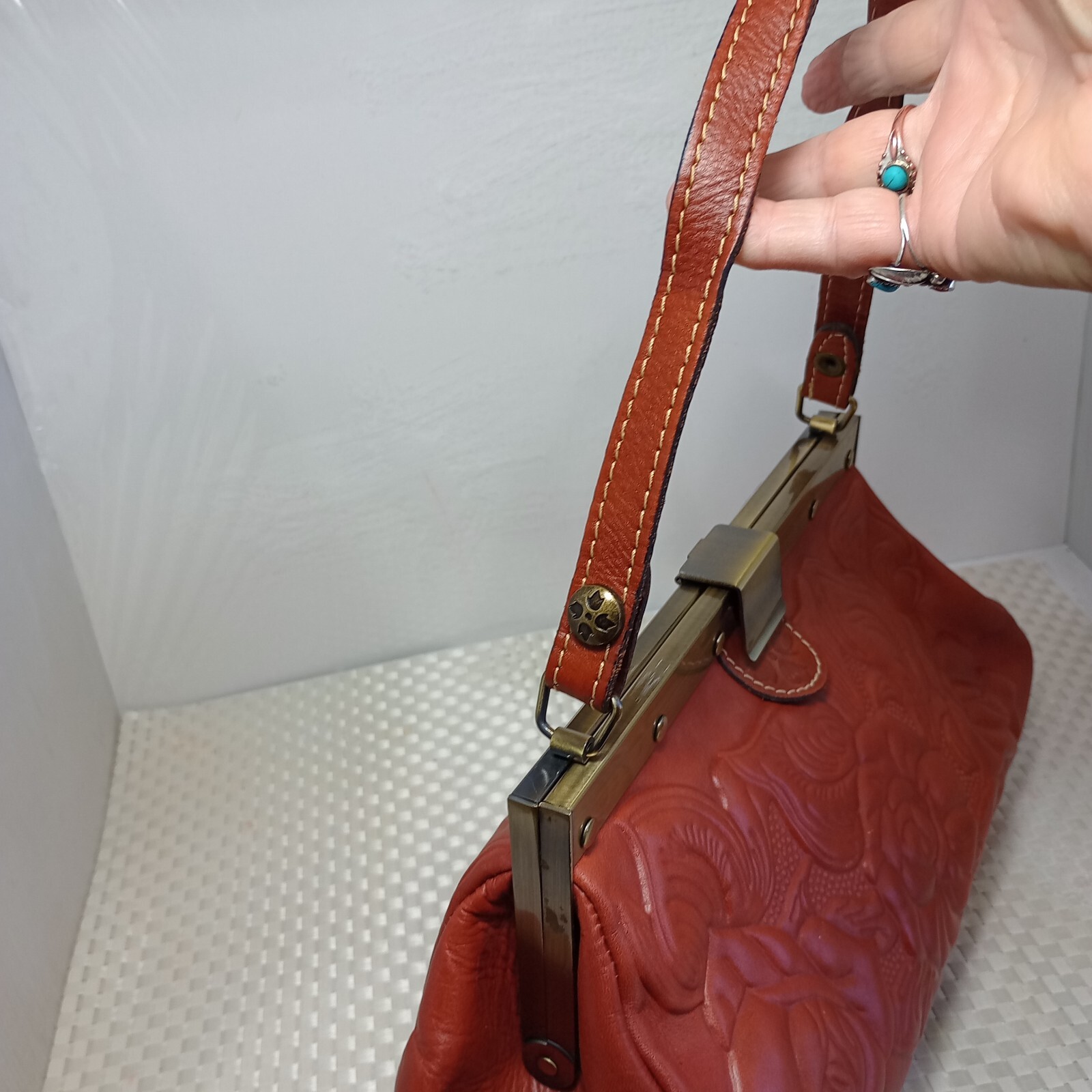 Patricia Nash Floral Embossed Cognac Leather bag Medium Brass Bottom Studs EUC