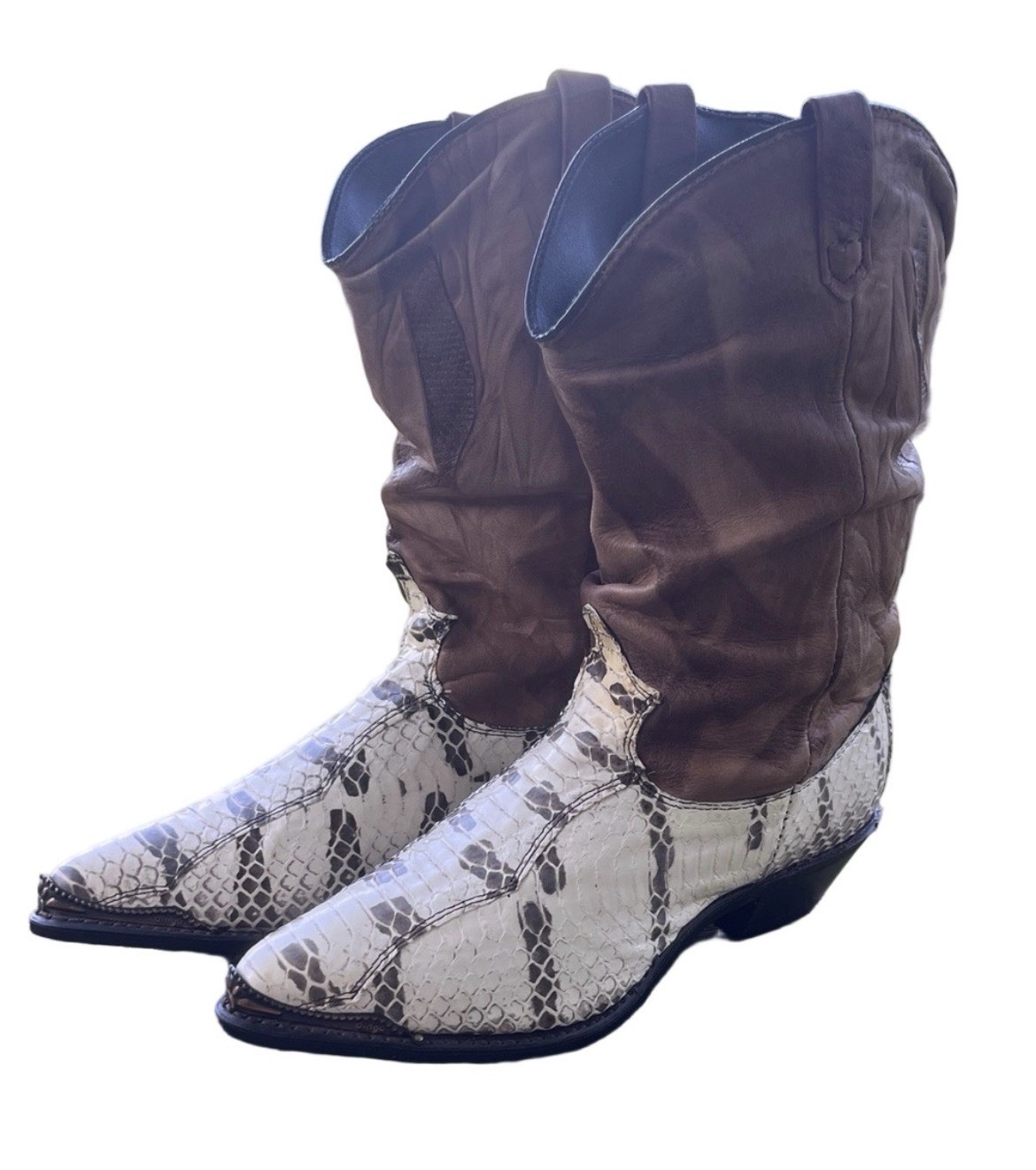 Dingo Brown and White Slouch Snake Print Heeled Boots with Metal Accents