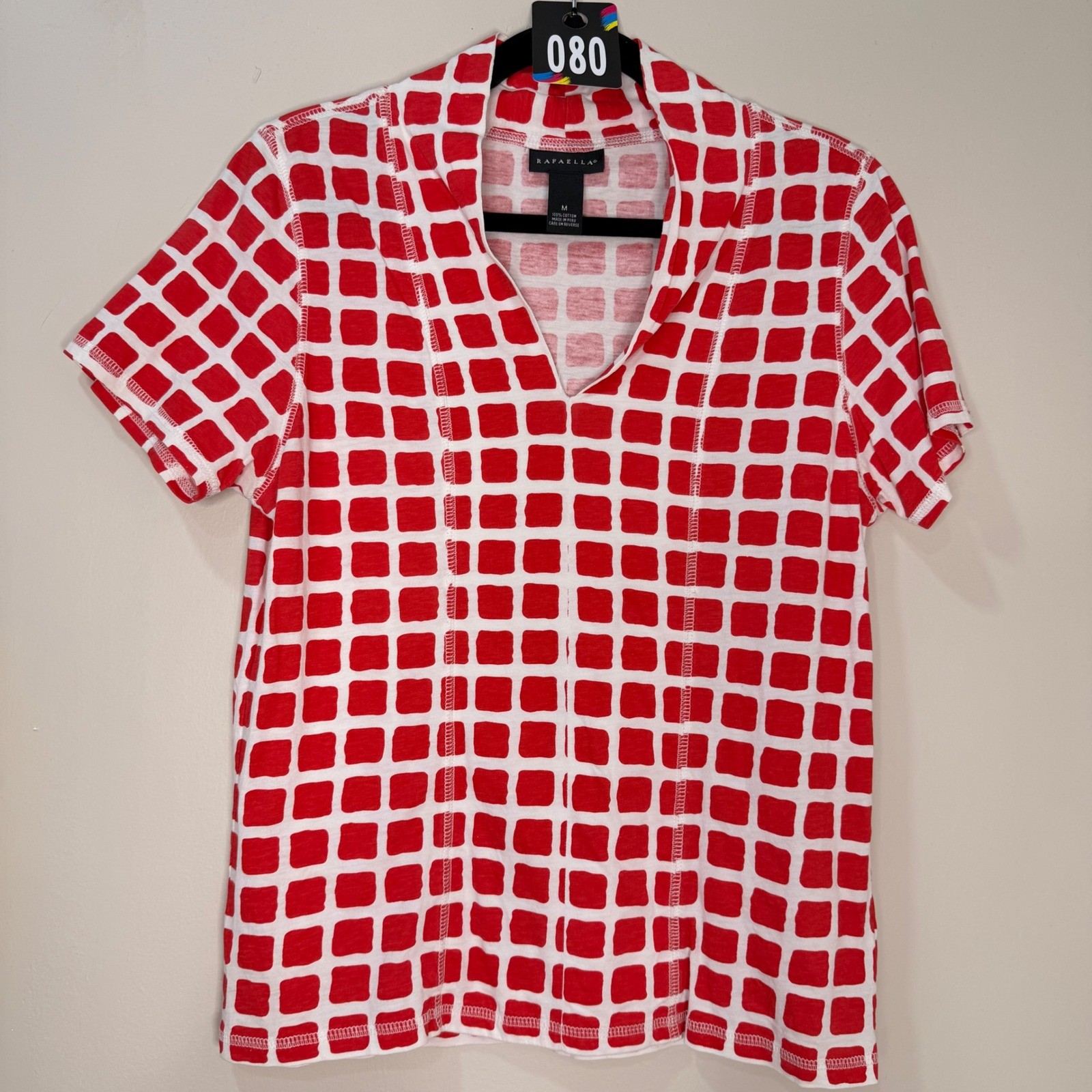 #80 RAFAELLA Top Sz. M Red White Geometric Grid 100% cotton Ptp: 19″