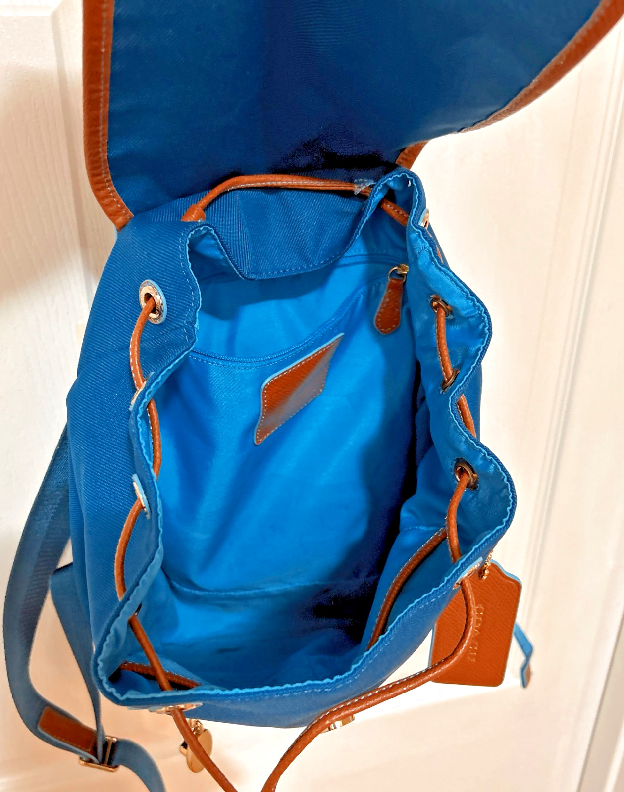 Coach Sawyer Backpack 37240 Canvas Nylon Leather Bright Mineral Blue Drawstring