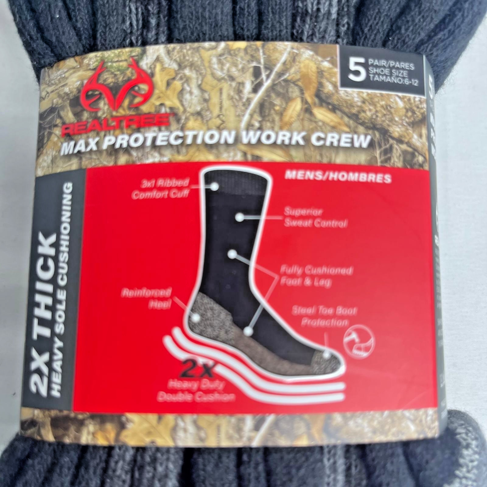 Genuine Realtree Work Crew Socks 5 Pairs Steel Toe 2X Thick Cushioned Mens Boot