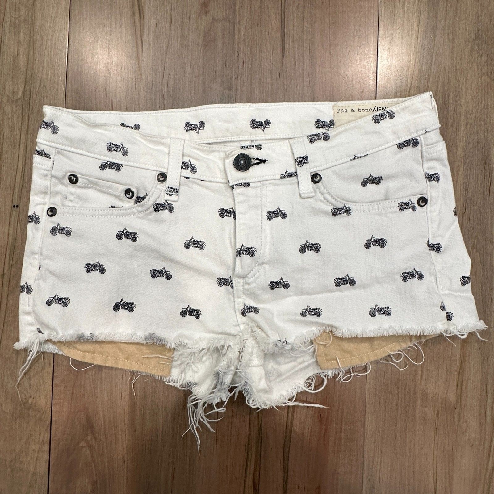 Rag & Bone White Motorcycle Print Cut Off Denim Shorts Size 25