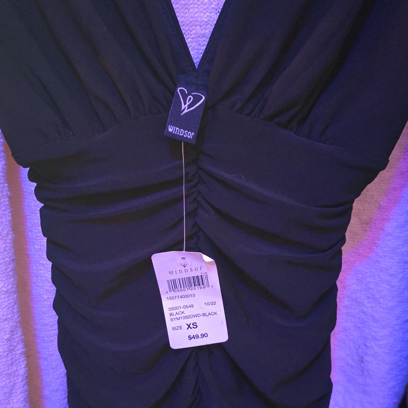 Windsor Black Ruched V-Neck Long Sleeve Short Pencil Dress Women XS NWT