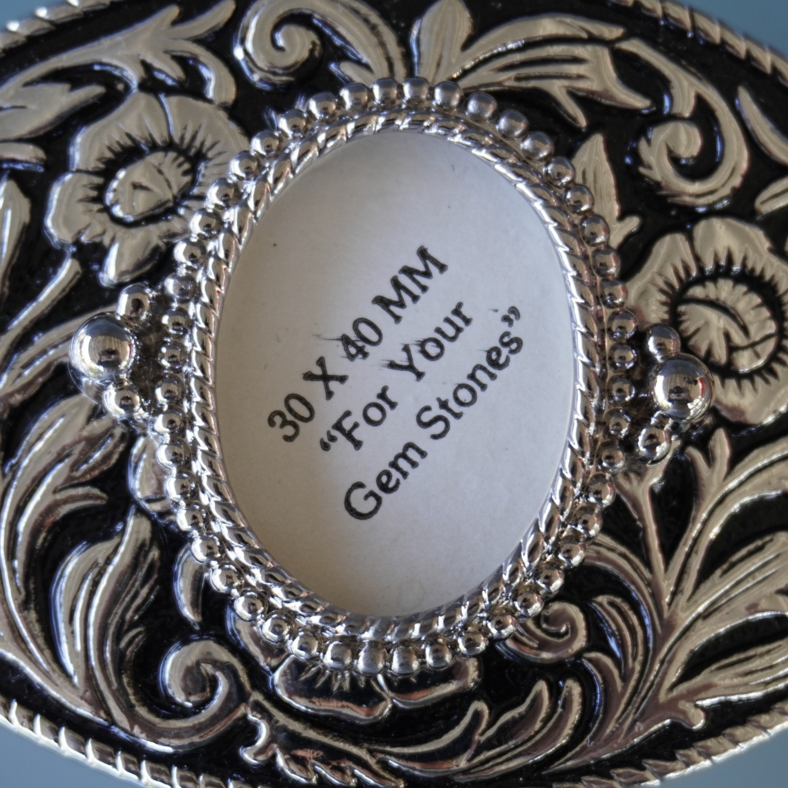 Vintage Western Belt Buckle Blank 30x40mm Cabochon Frame Floral Silver Made in U