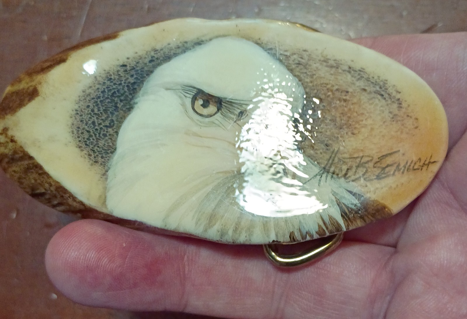VINTAGE ANTLER BELT BUCKLE BALD EAGLE PAINTING USA ALICE B SEMICH NOS NICE!