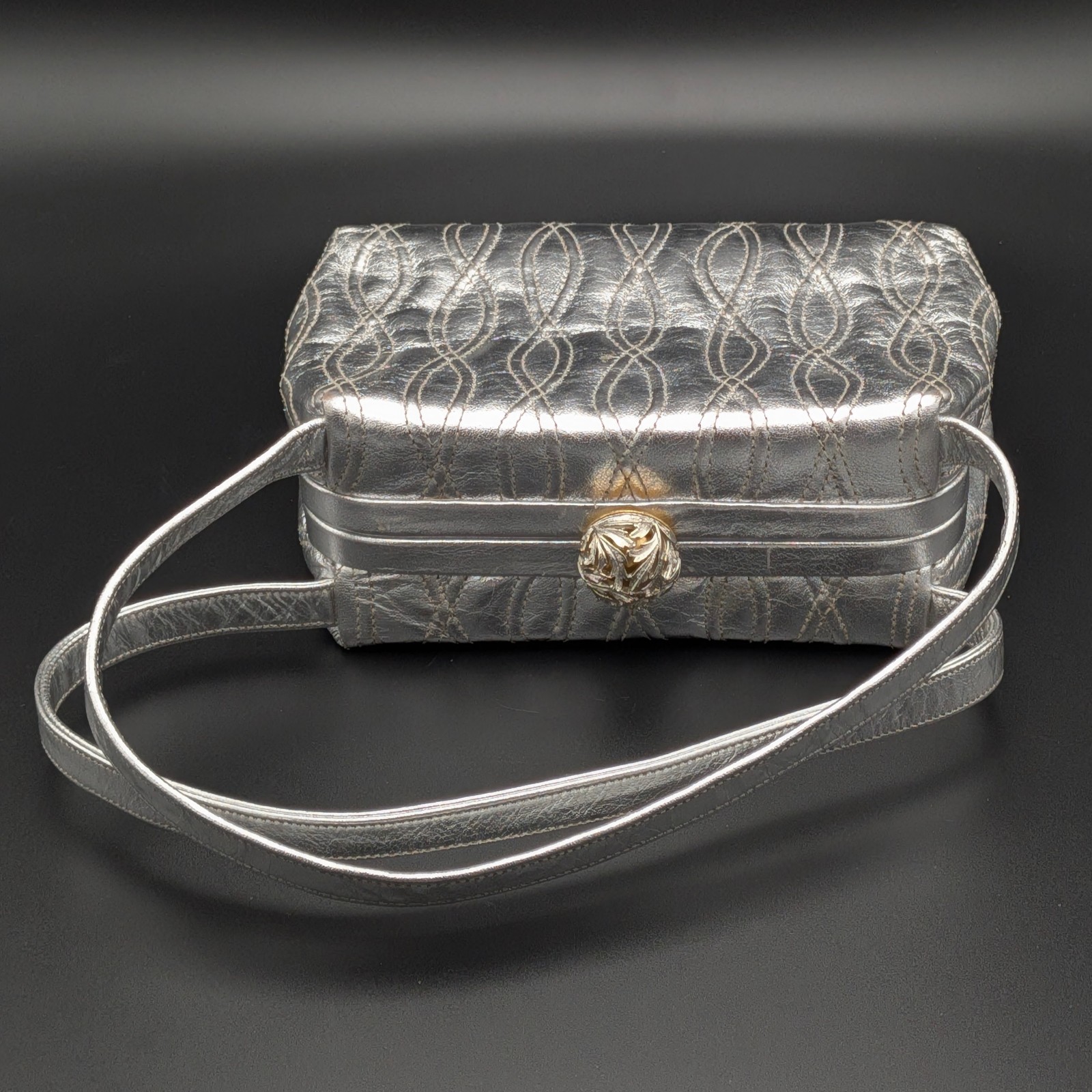 Morris Moskowitz Silver Metallic Evening Bag Quilted Embroidered Frame Purse