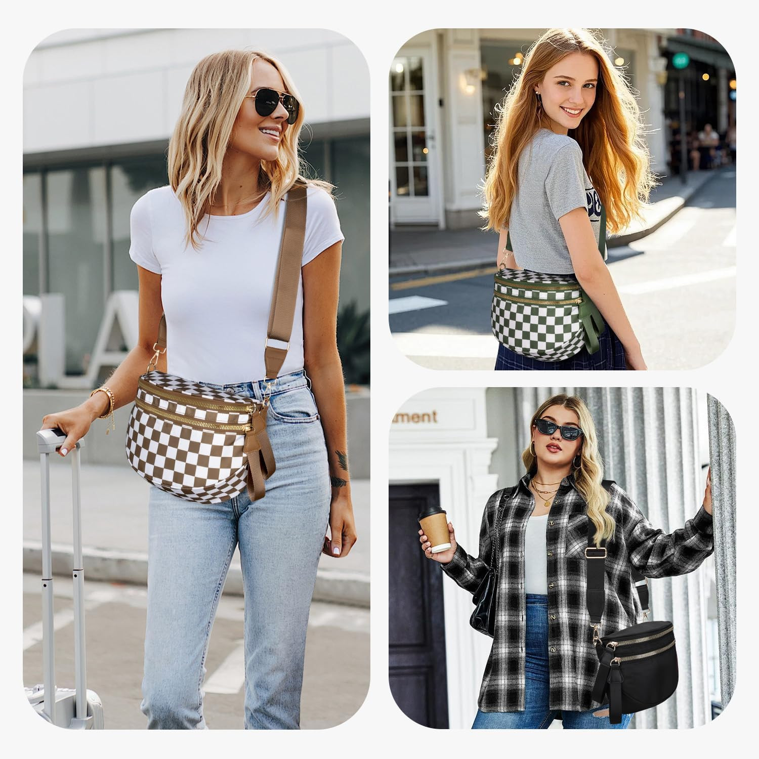Spacious Nylon Checkered Crossbody Bum Bag for Women, Fashion Checkerboard Fanny
