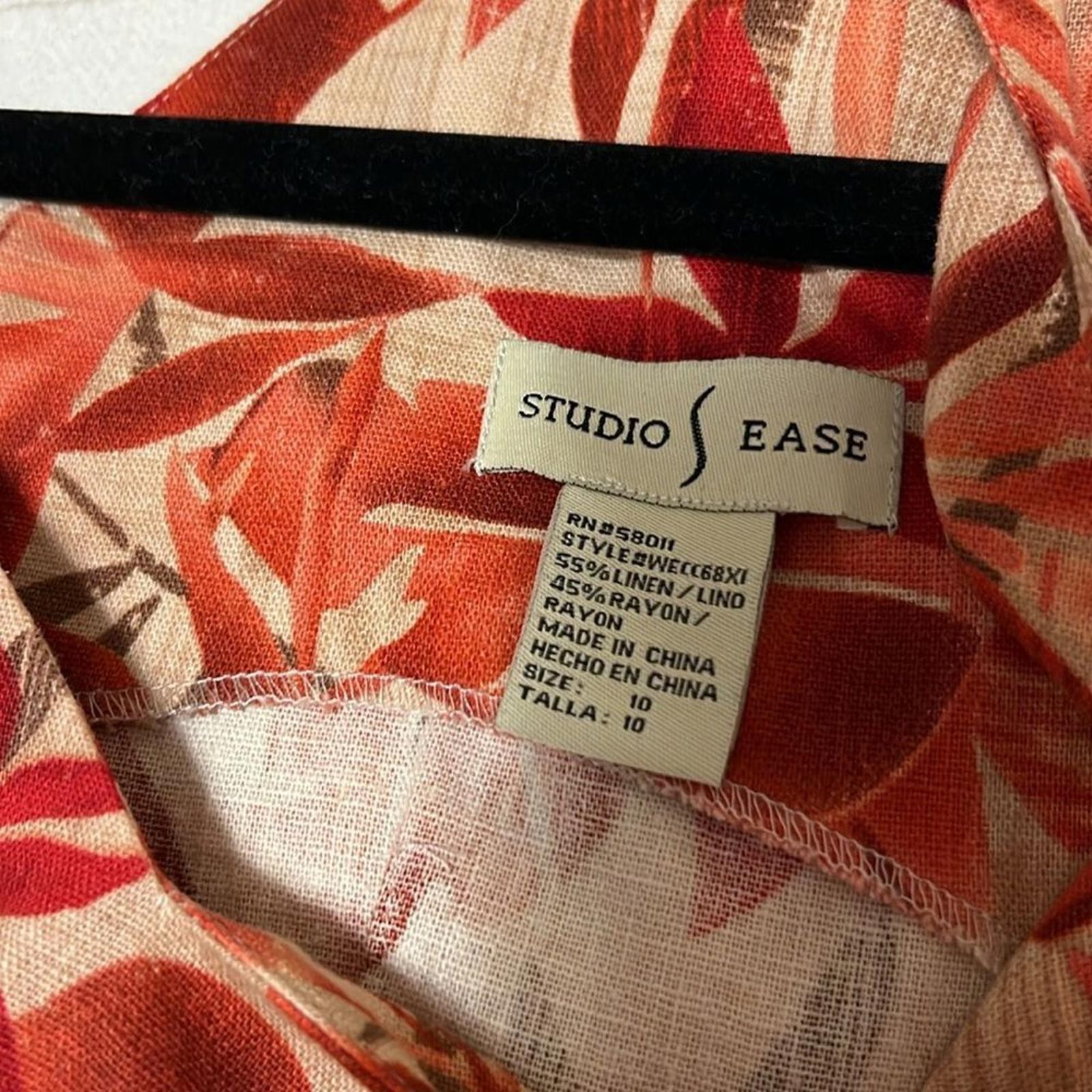 Studio Ease Linen Blend Tropical Floral Shift Dress Coral Red Size 10