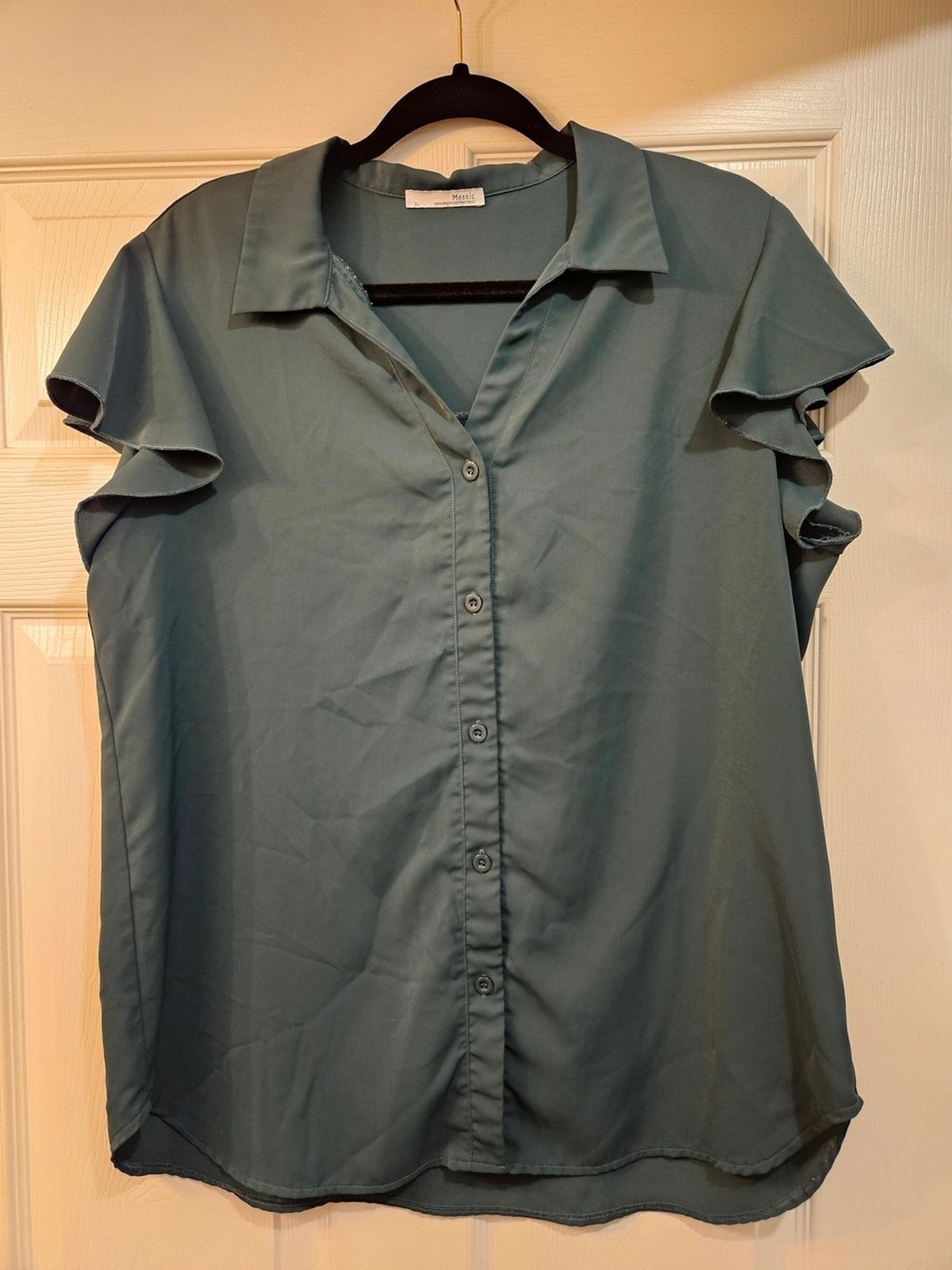Amazon Essentials Teal Button-Front Ruffle-Sleeve Blouse Size XL
