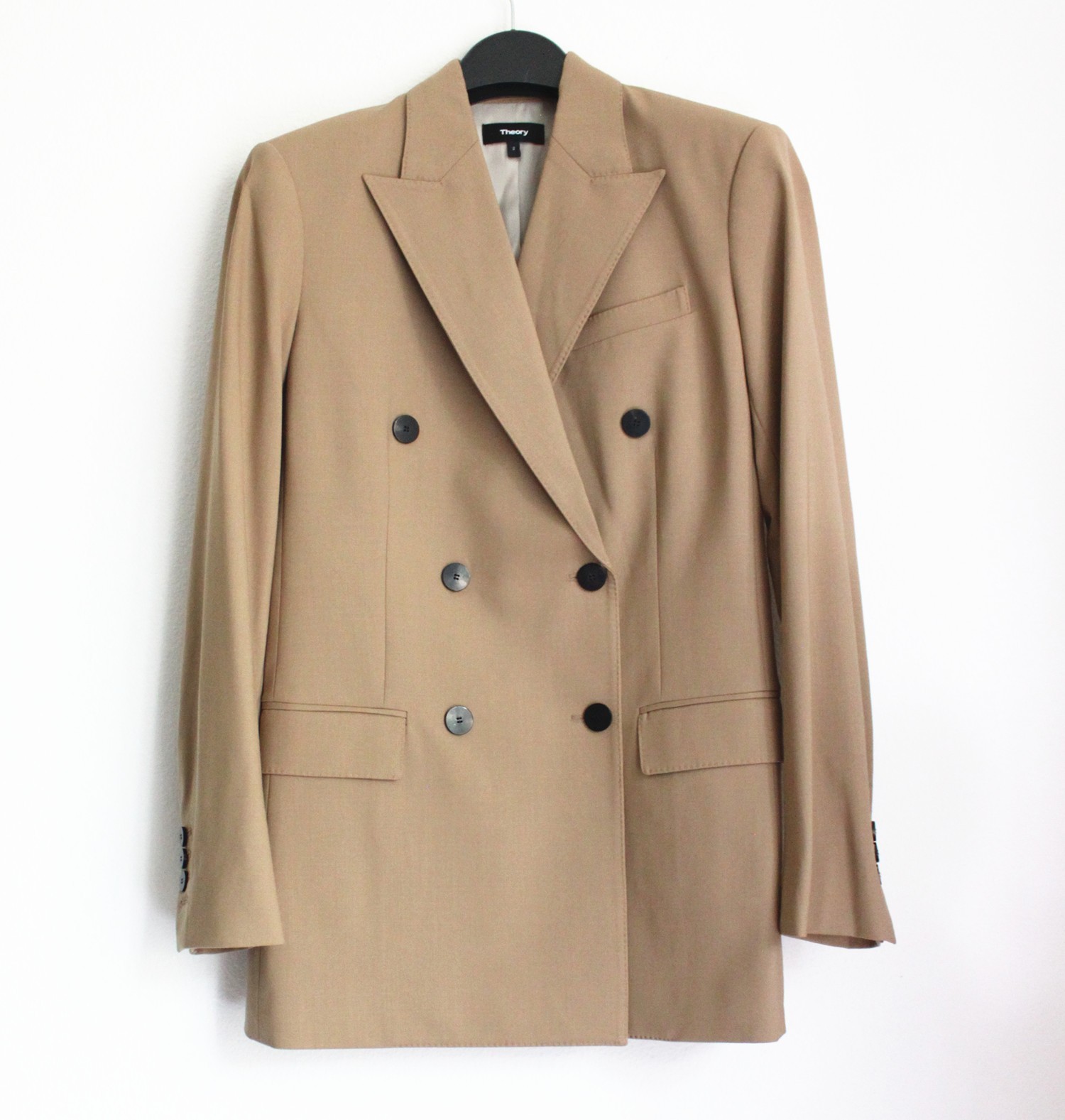 THEORY Double-breasted Blazer, Wool-blended, Beige, Size 2, Sale!