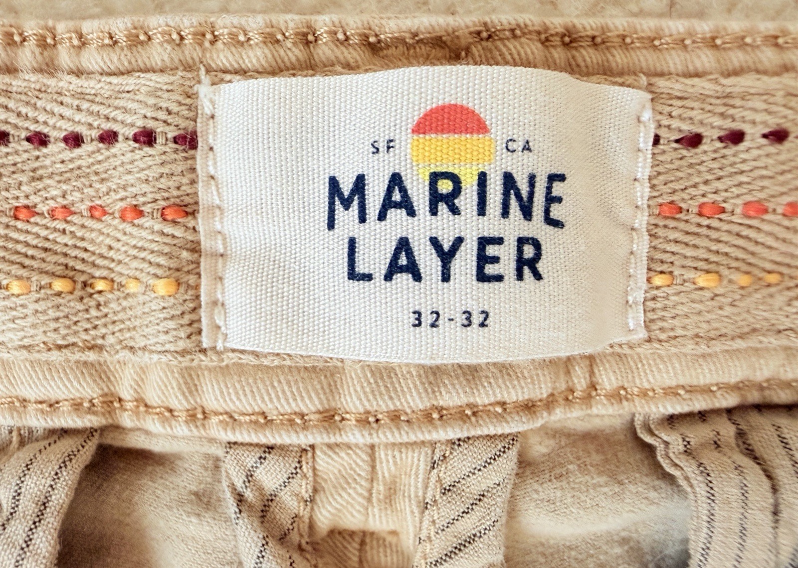 Marine Layer Men’s Beige Chino Pants 32W Slim Straight Stretch Flat Front