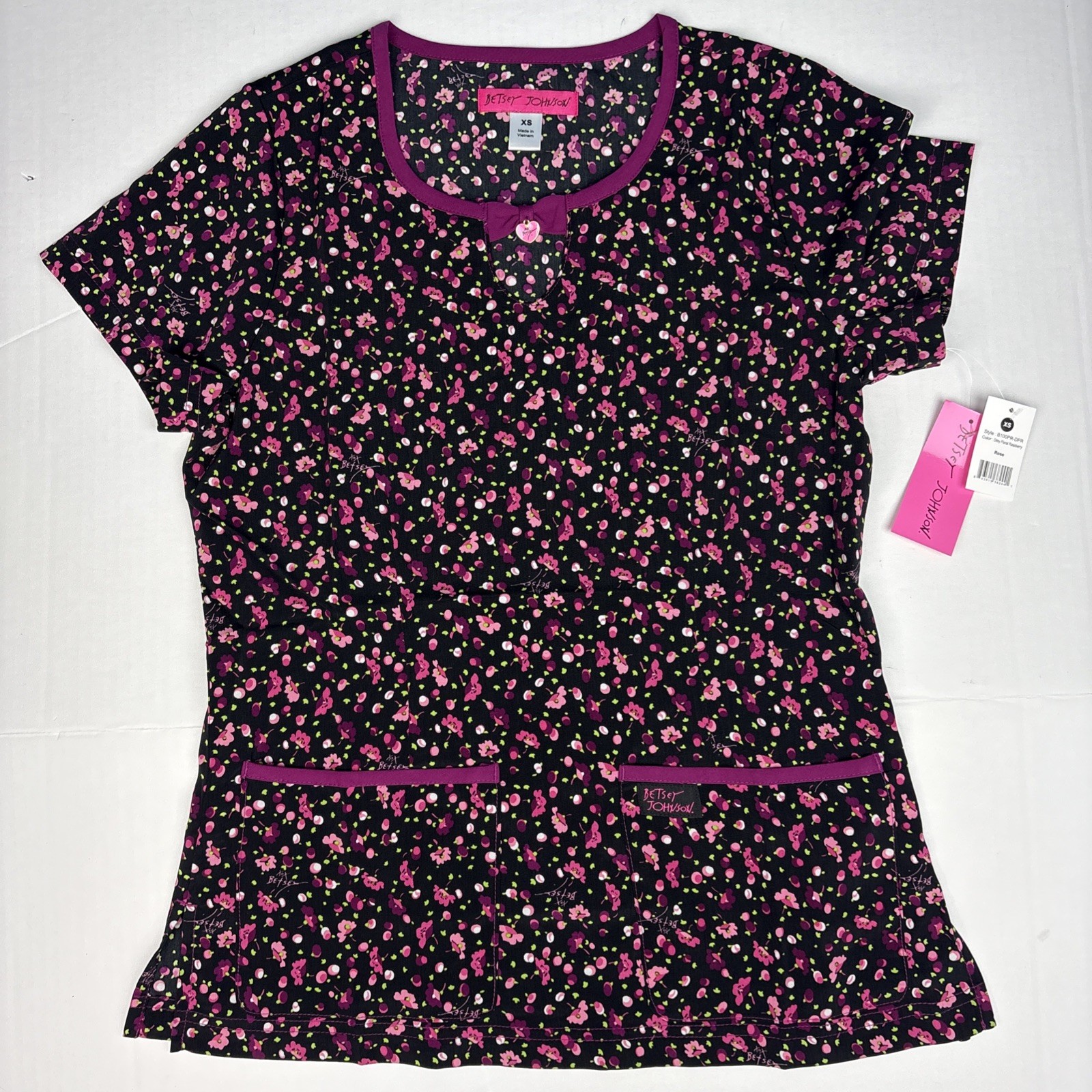 Betsy Johnson Koi Women XS Scrub Top Rose Ditsy Floral Raspberry New Tags Poly