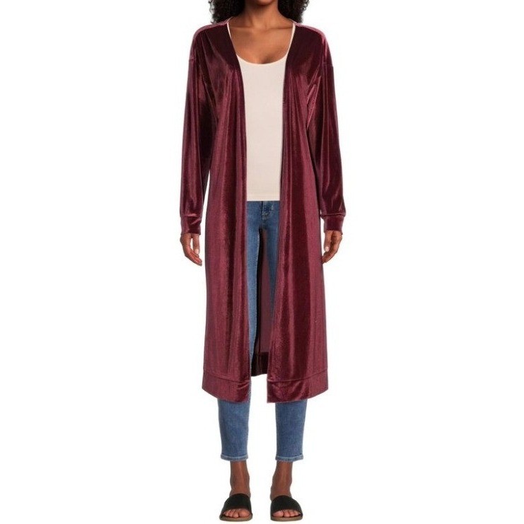 World Market Wine Red Velvet Open Front Duster Kimono Cardigan Robe OS