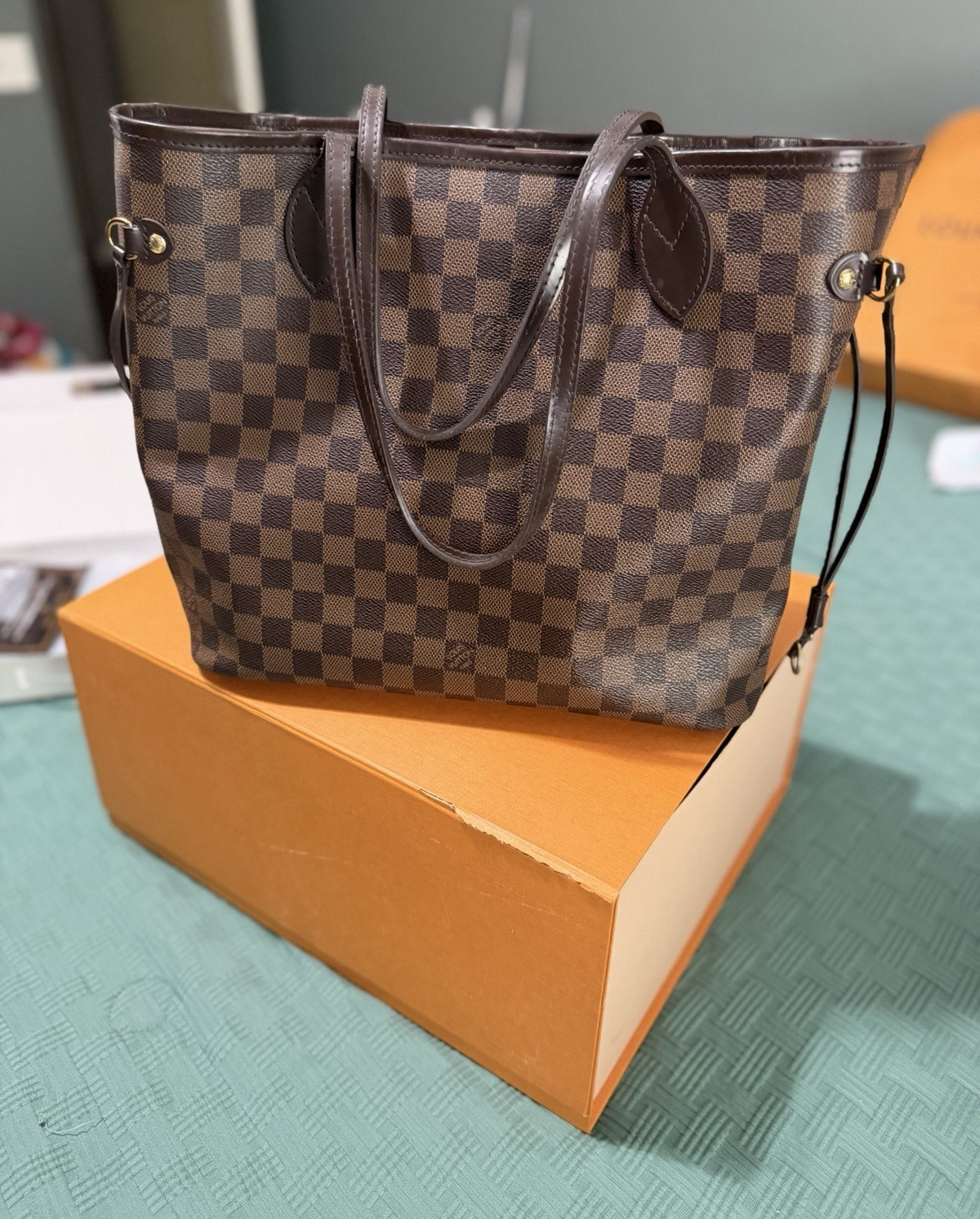 Louis Vuitton Damier Ebene Tote Bag Brown Beige Lining Inner Pockets Box