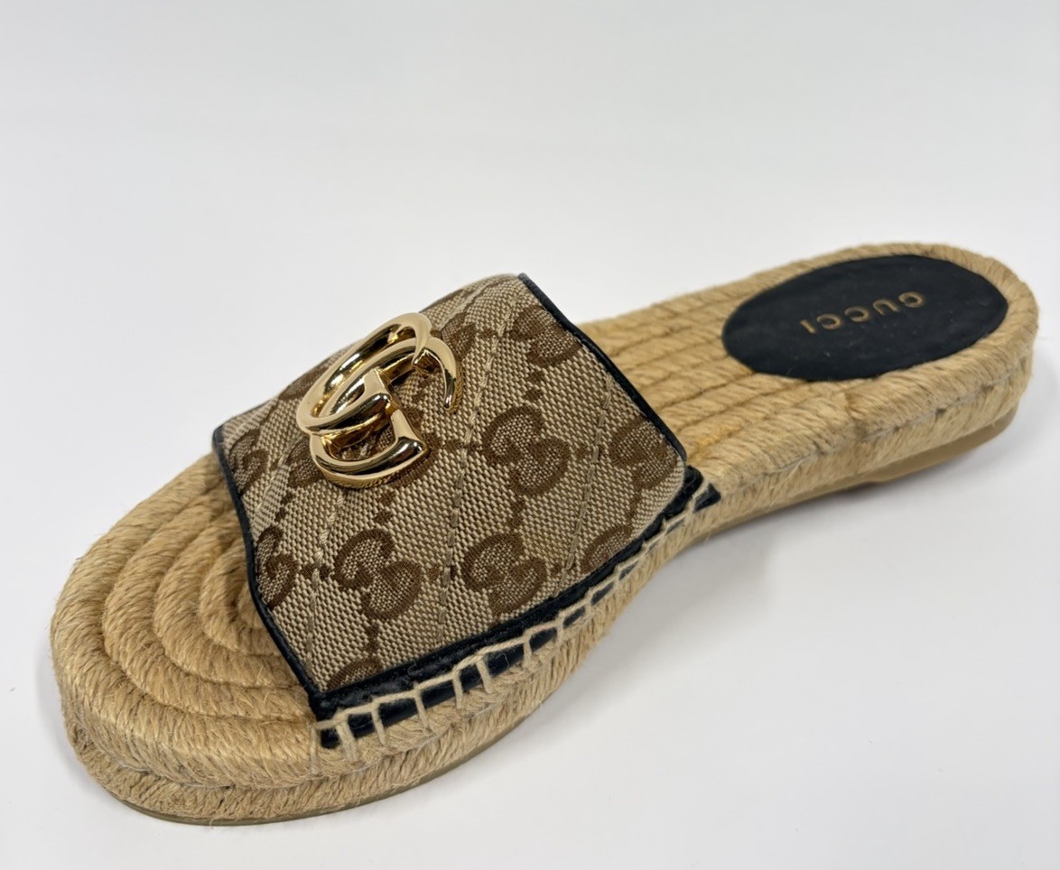Gucci GG Matelasse Espadrille Slide Sandal Beige Ebony Womens 34.5 / US 4.5