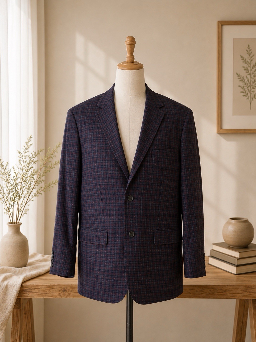Alan Flusser Sport Coat Mens 40R Navy Burgundy Windowpane Plaid Blazer Jacket