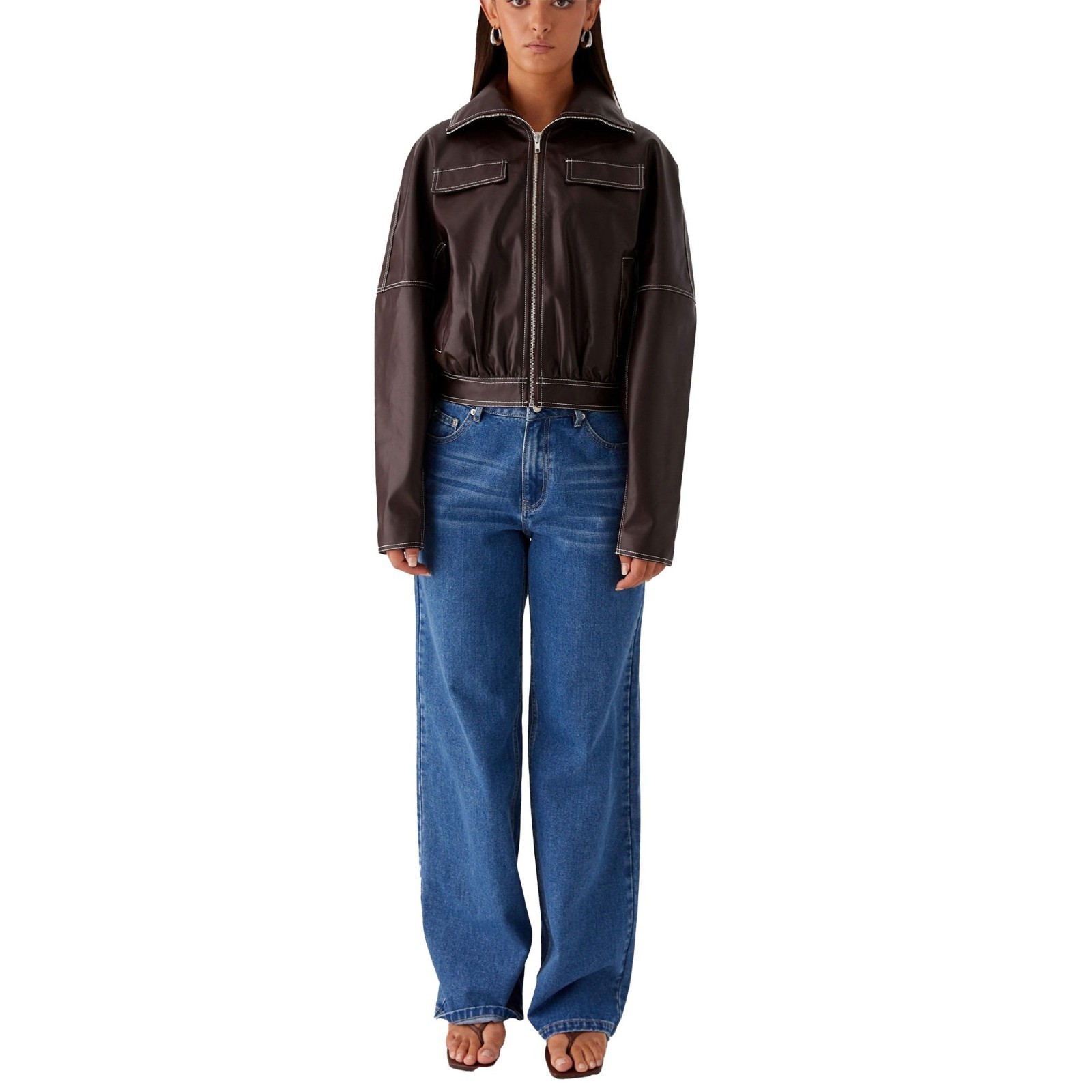 Women’s Real Leather Jacket Dark Brown Contrast Stitch Cropped Bomber Coat Gift