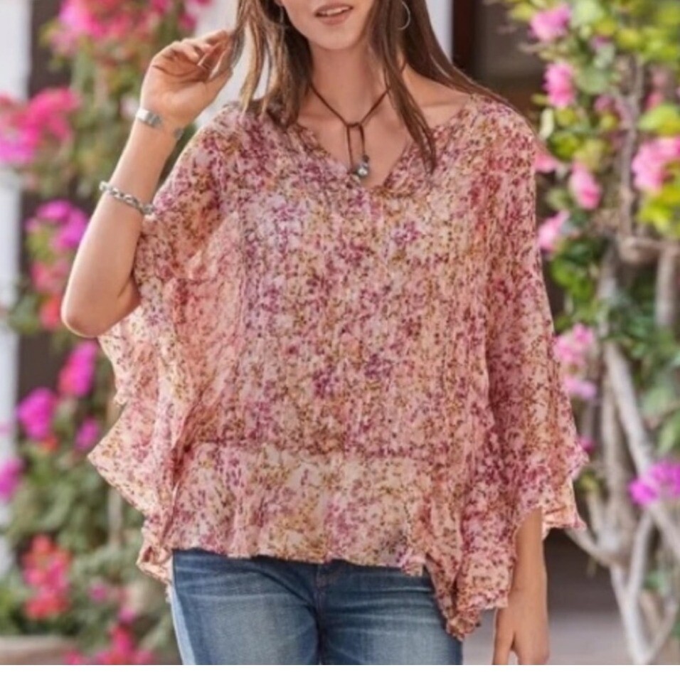 Sundance CURRANT BLOSSOM Floral Blouse V-Neck Flowy Bohemian Top Lightweight M