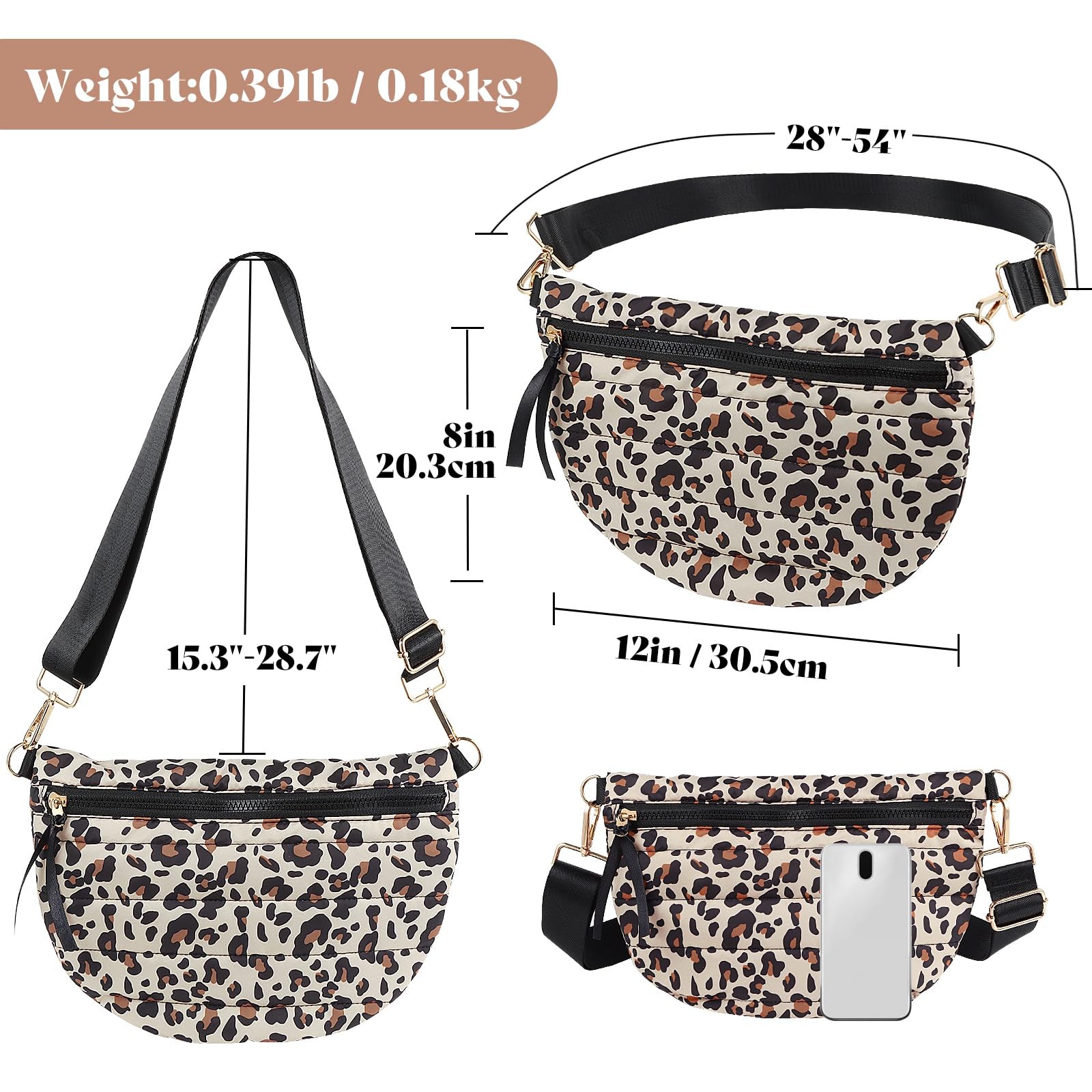 Quilted Puffer Belt Bag Puffy Sling Fanny 12 x 8 x 0.6 inches, LEOPARD