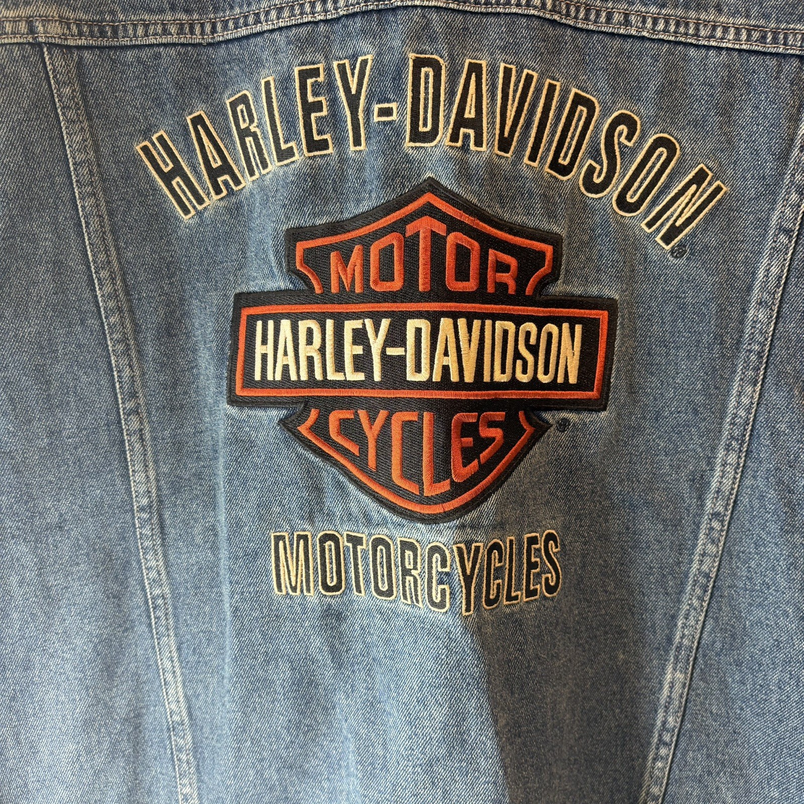 HARLEY DAVIDSON MOTORCLOTHES EMBROIDERED PATCH Denim Jean Jacket Vest Blue XL