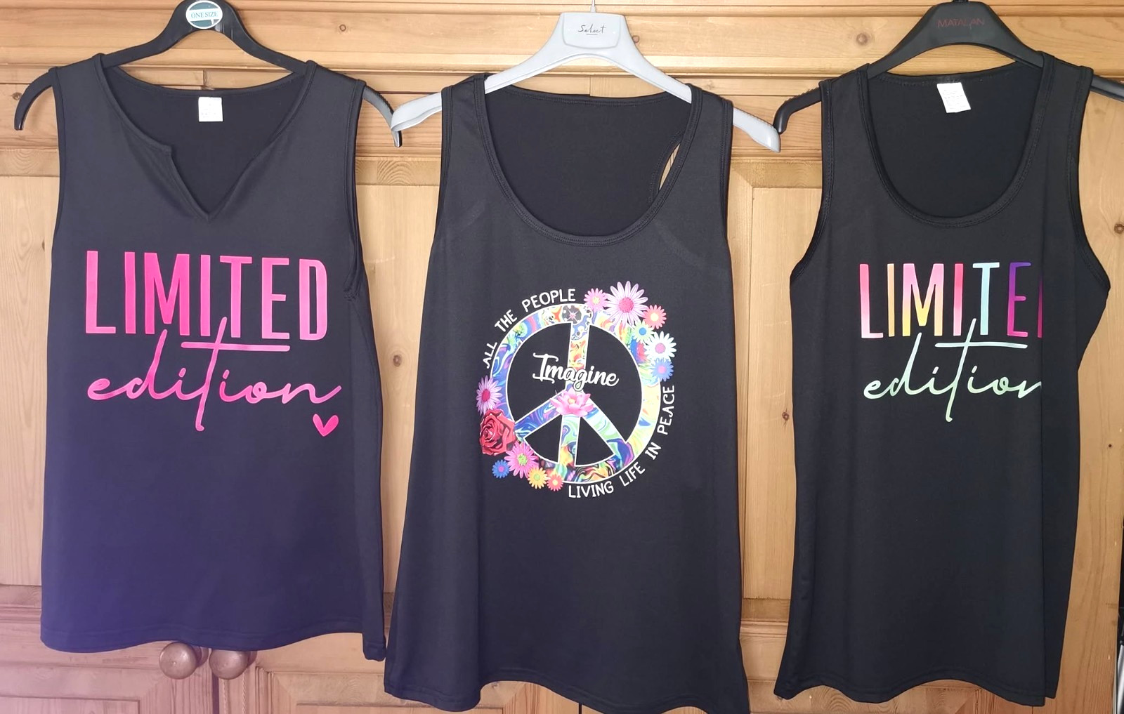 3 x BLACK GRAPHIC VEST TOPS BUNDLE SIZE L SIZE 14 NEW WITHOUT TAG