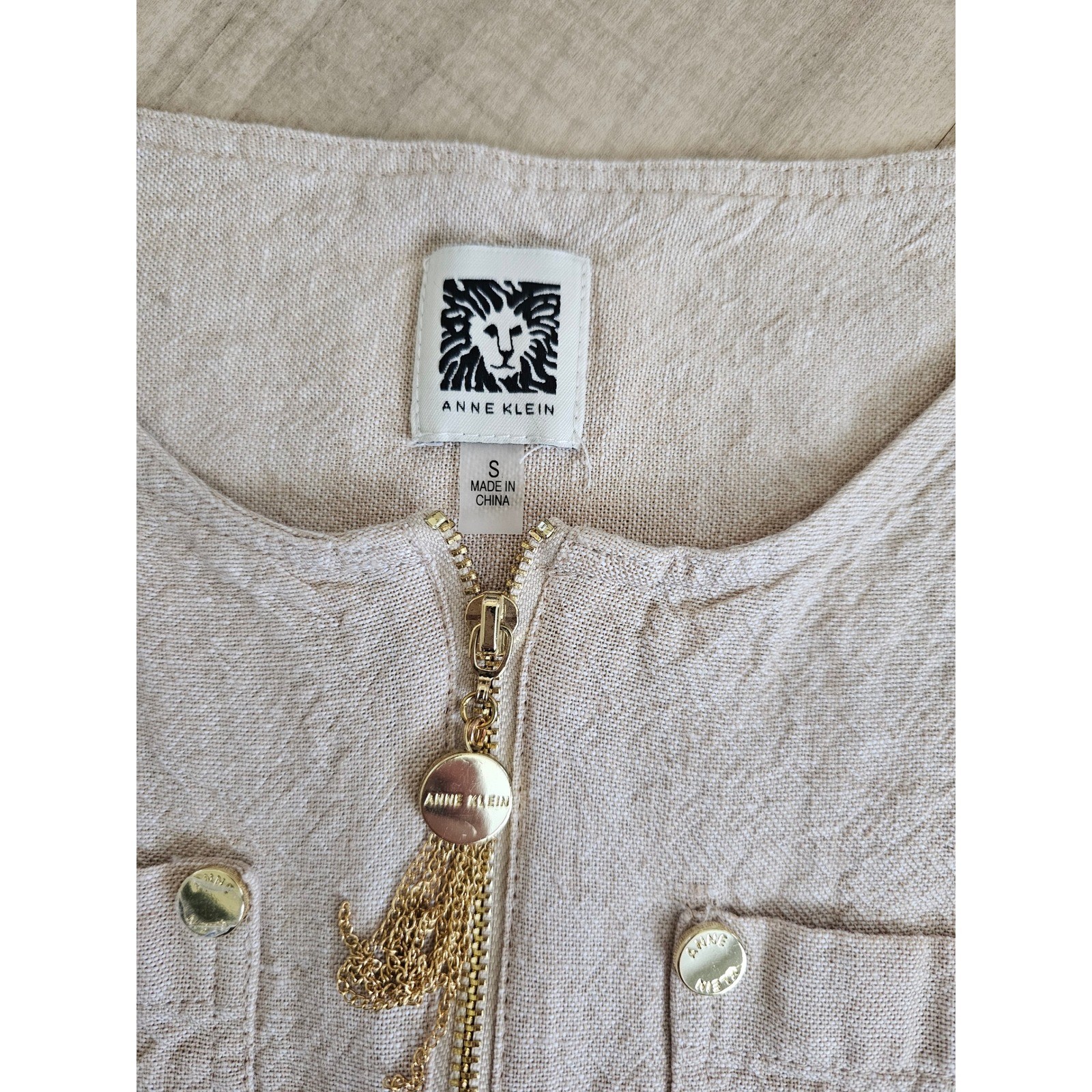 Anne Klein Womens Linen Blend Half Zip Tassel Tunic Top Beige Small