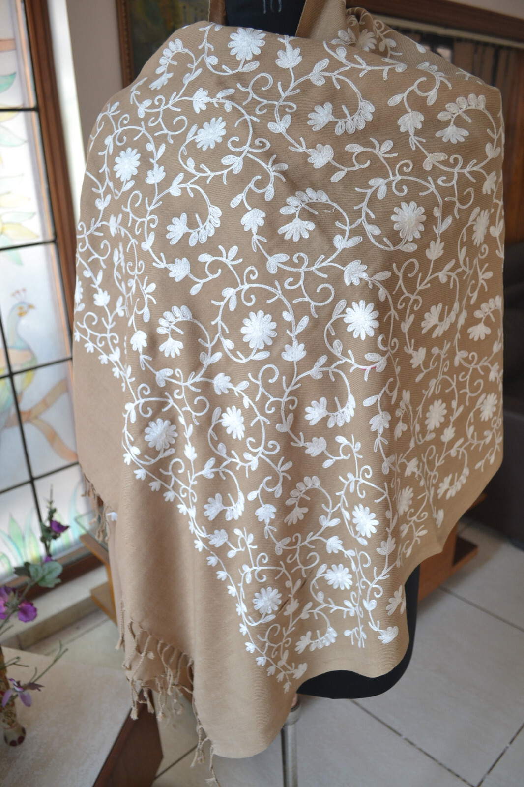 KASHMIRI PASHMINA ~FLORAL CREWEL ALL EMBROIDERY STOLE~CASHMERE :3 COLOR CHOICE