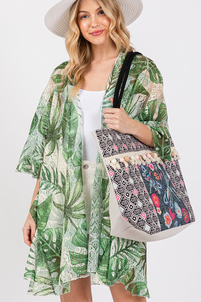 Anthropologie Style Women Boho Pattern Dragonfly Tassel Beach Resort Tote Bag
