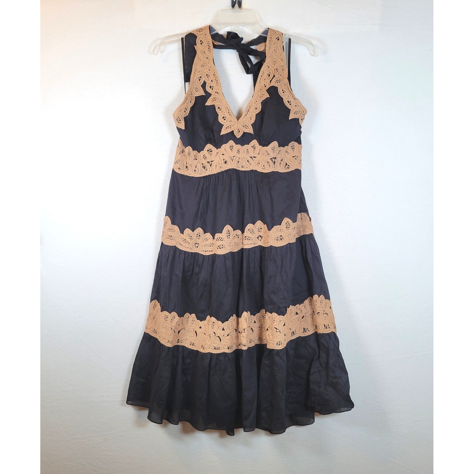 BCBGMAXAZRIA Womens Cotton Silk Lace Tiered Halter Midi Dress Size 10 Black y2k