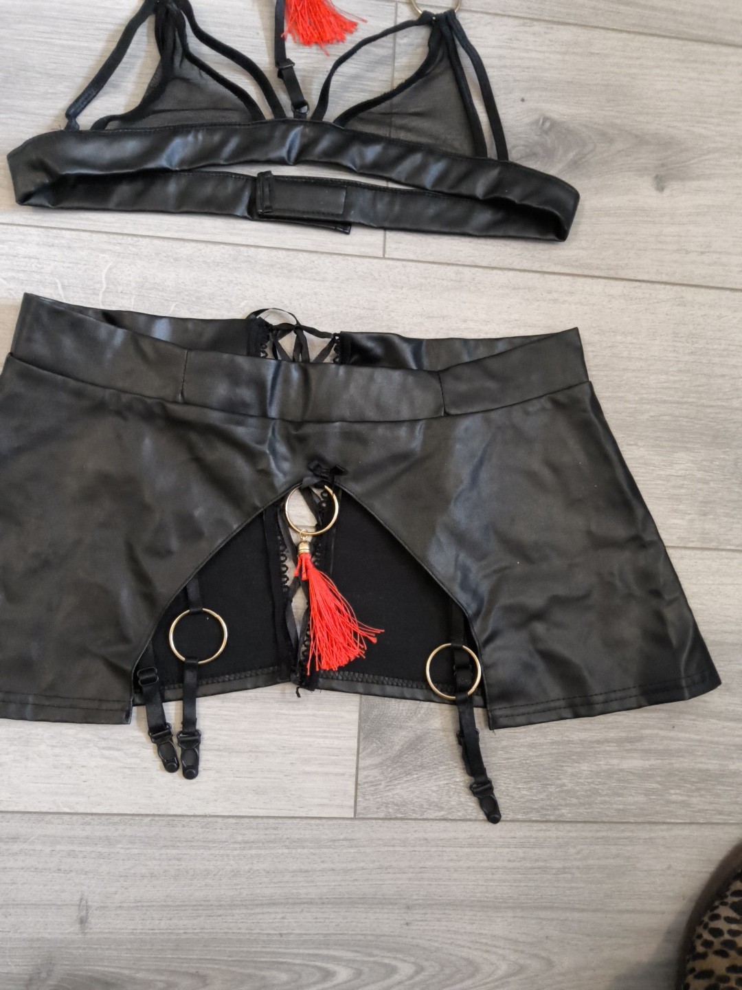 BNWOT Black PVC & Sheer Mesh Tassel Suspender Skirt & Bra Top Set Size 10-14