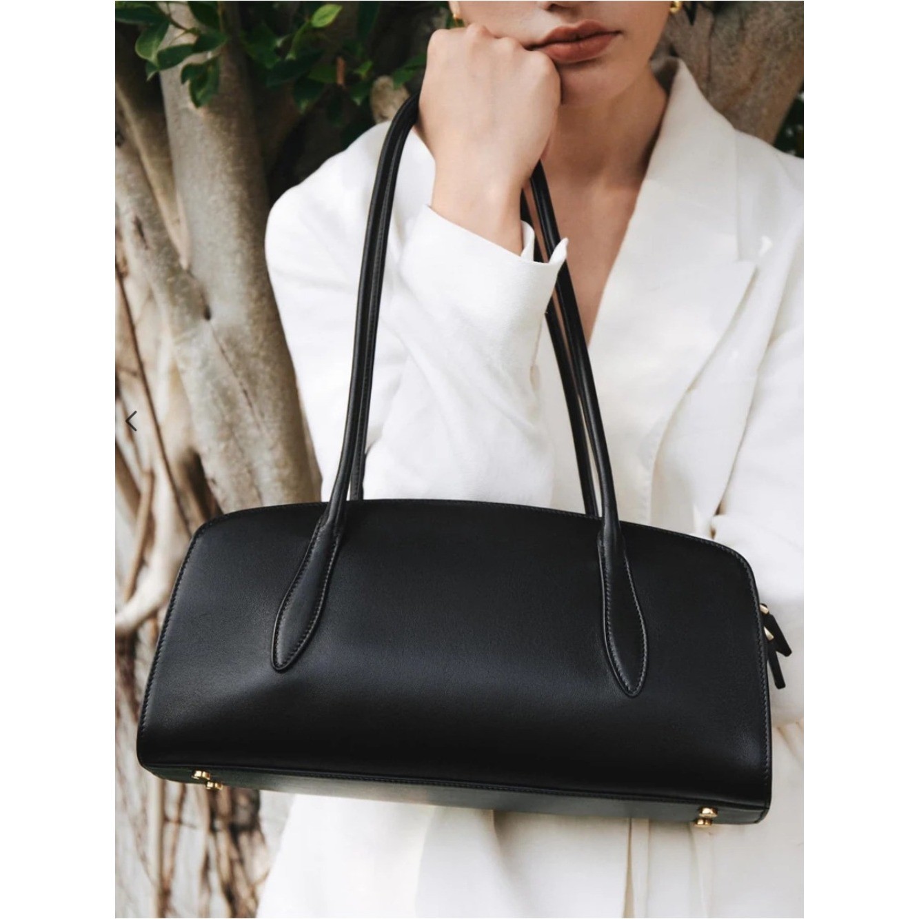 Parisa Wang Gabrielle East-West Shoulder Bag Black Gold Zip and Padlock Accent