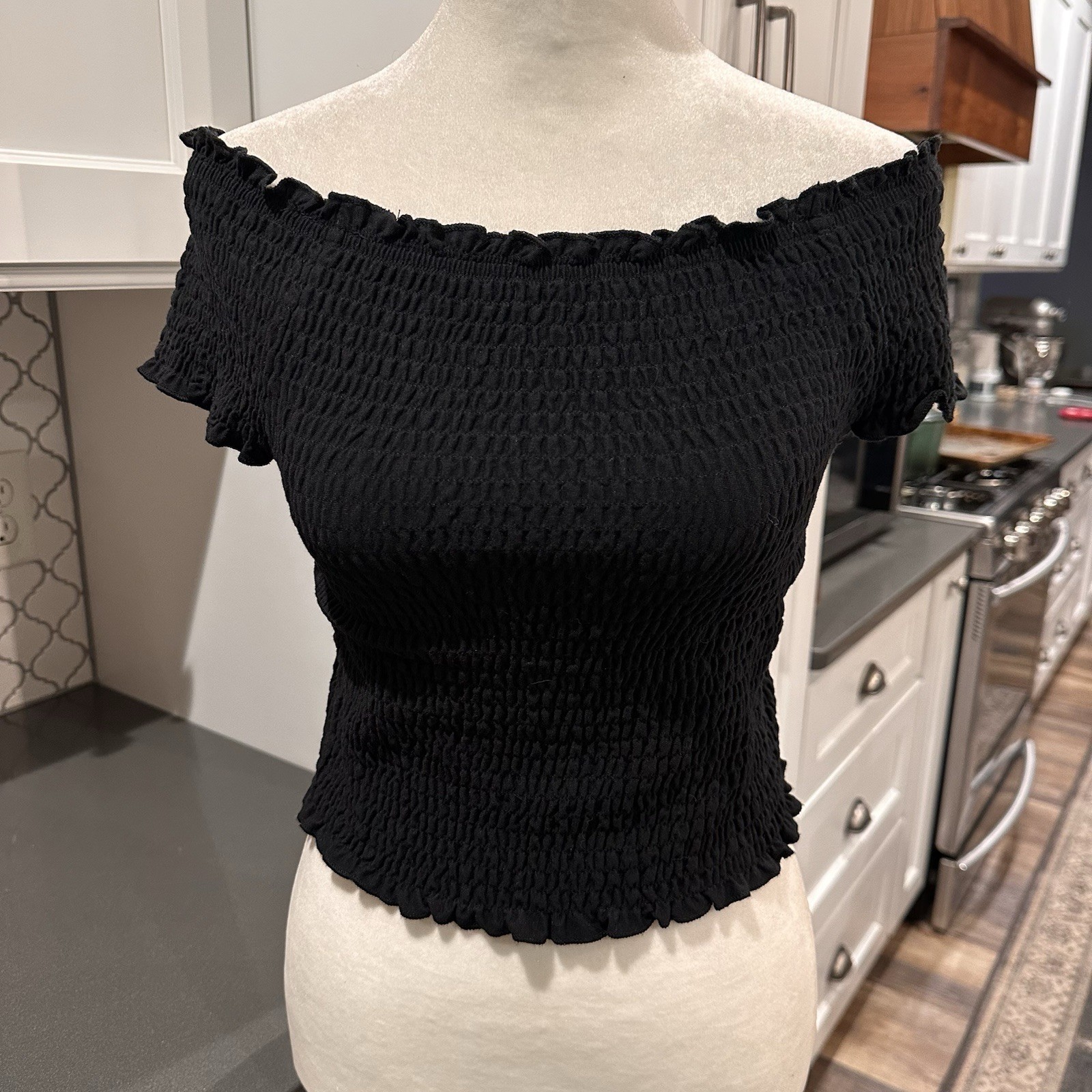 Bongo Vintage Y2K Black Off Shoulder Smocked Crop Top Size M Goth Grunge Skater