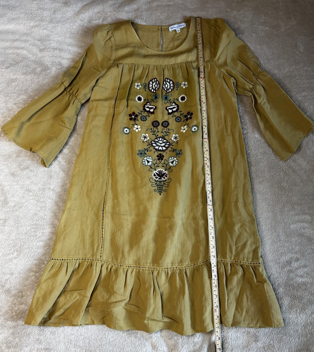 B10. Ashley LeMieux Mustard Yellow Tunic Bell Sleeves Floral Embroidery Size Med