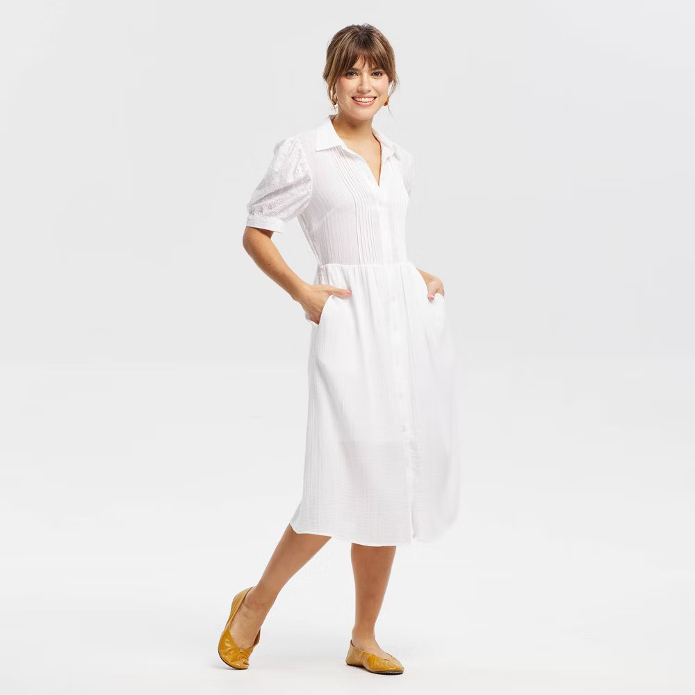 Women Puff Short Sleeve Eyelet Midi Shirtdress – Universal Thread White L