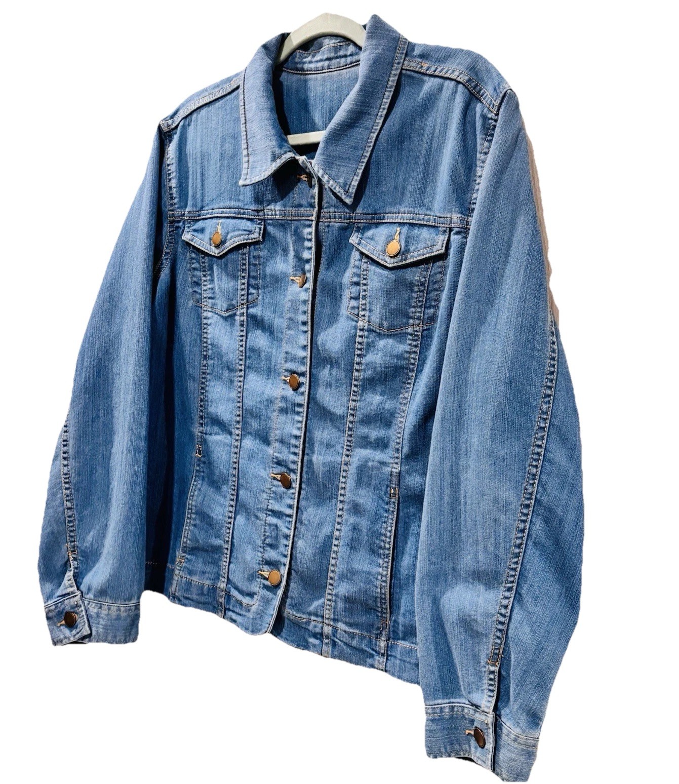 Blue Denim Jacket Button Front Chest Pockets Lightweight Classic Cotton Blend