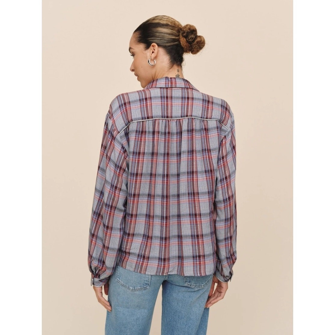 Bella Dahl Trimmed Flowy Top Womens Large Multicolor Plaid Shimmer Preppy Shirt