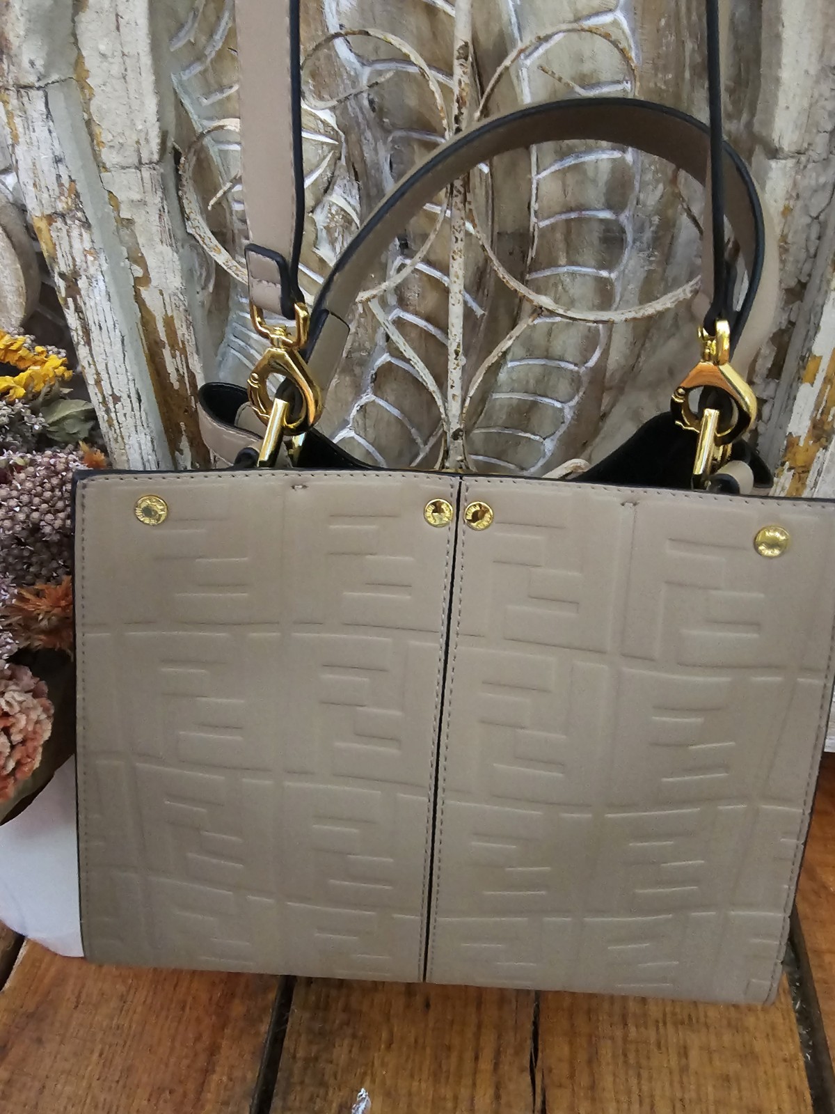 Fendi Beige Embossed Logo Satchel Top Handle, Detachable Strap, Turn Lock