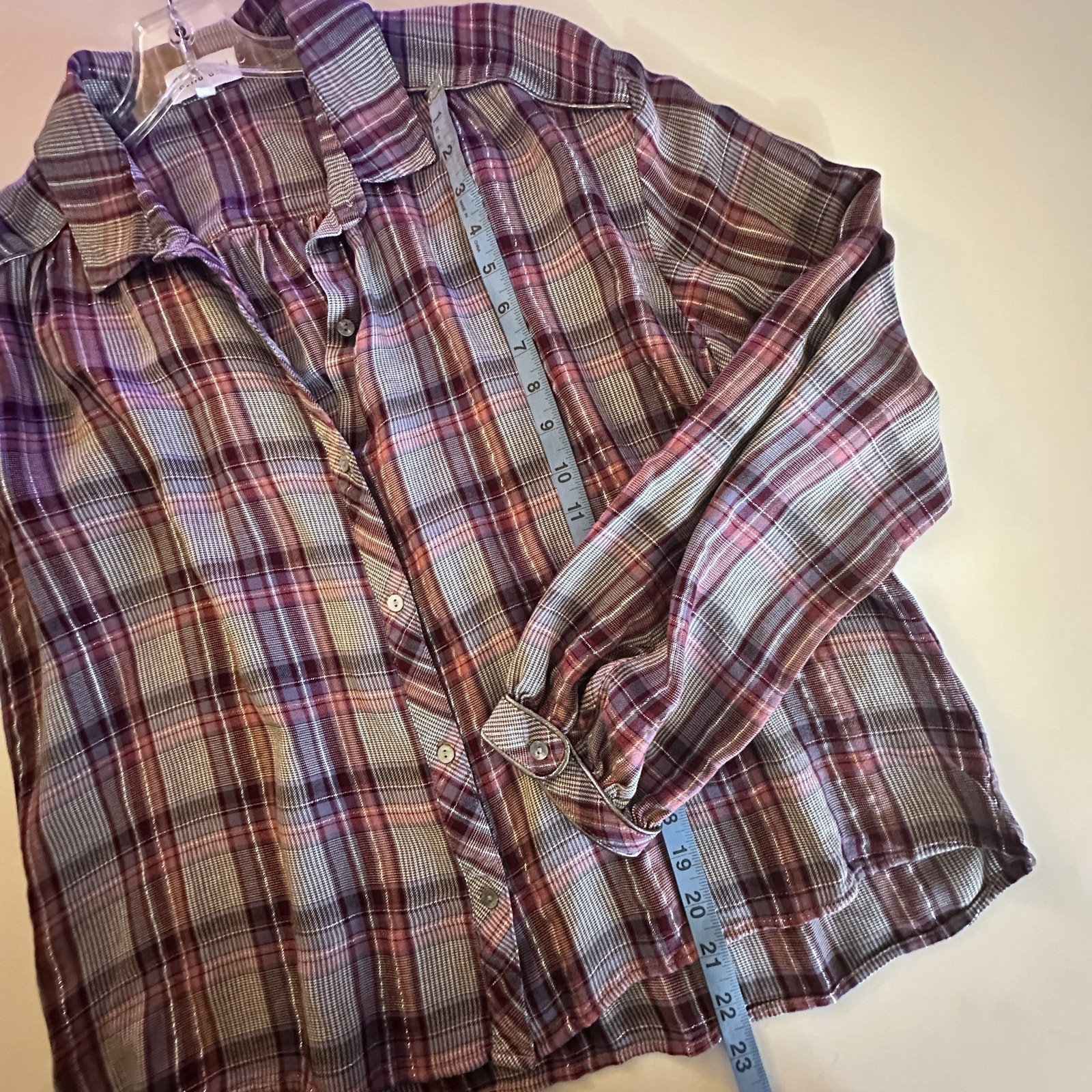 Bella Dahl Trimmed Flowy Top Womens Large Multicolor Plaid Shimmer Preppy Shirt