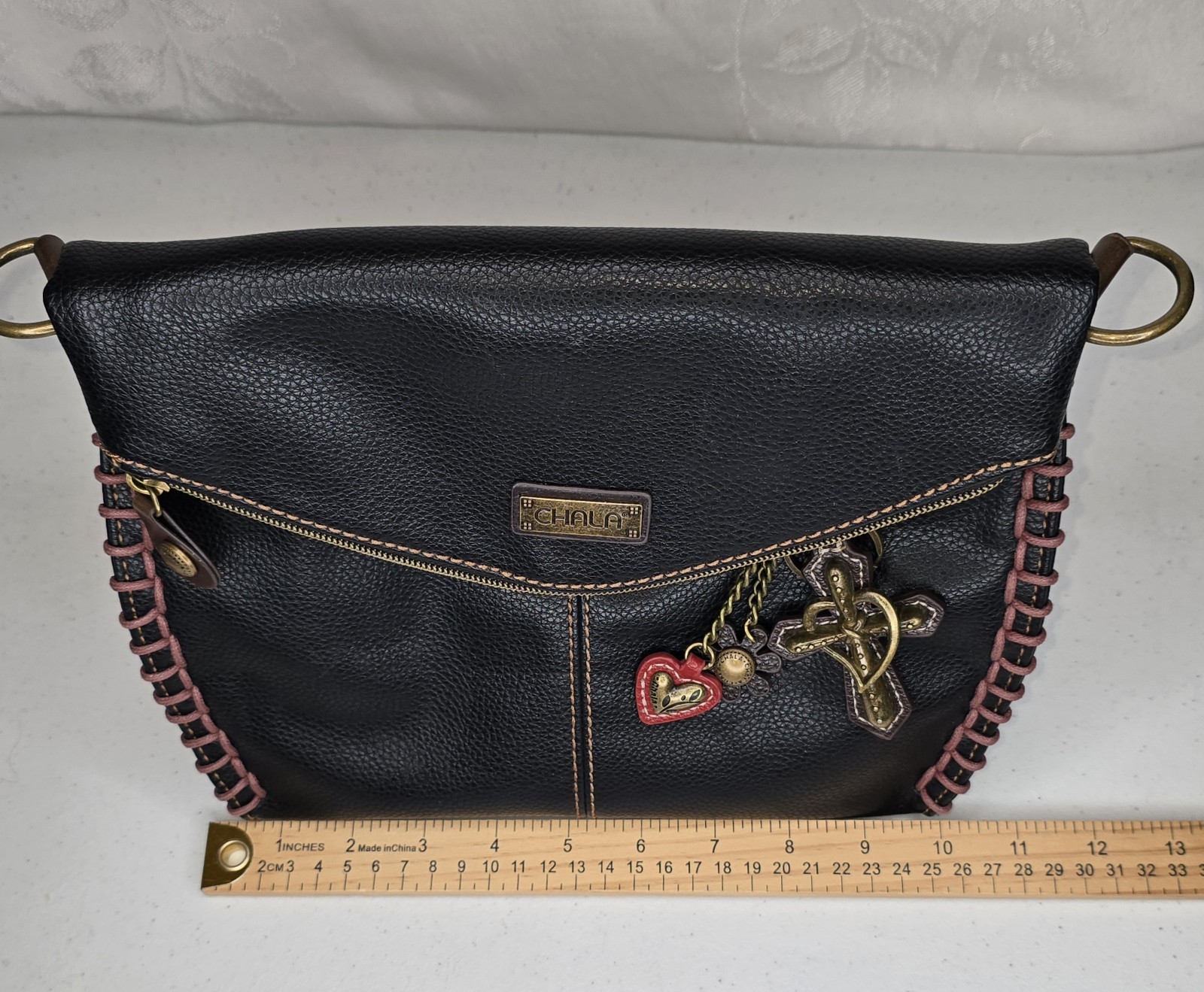 Chala Handbags Charming Crossbody Bag Flap Top Zipper Black + Cross Purse Charm