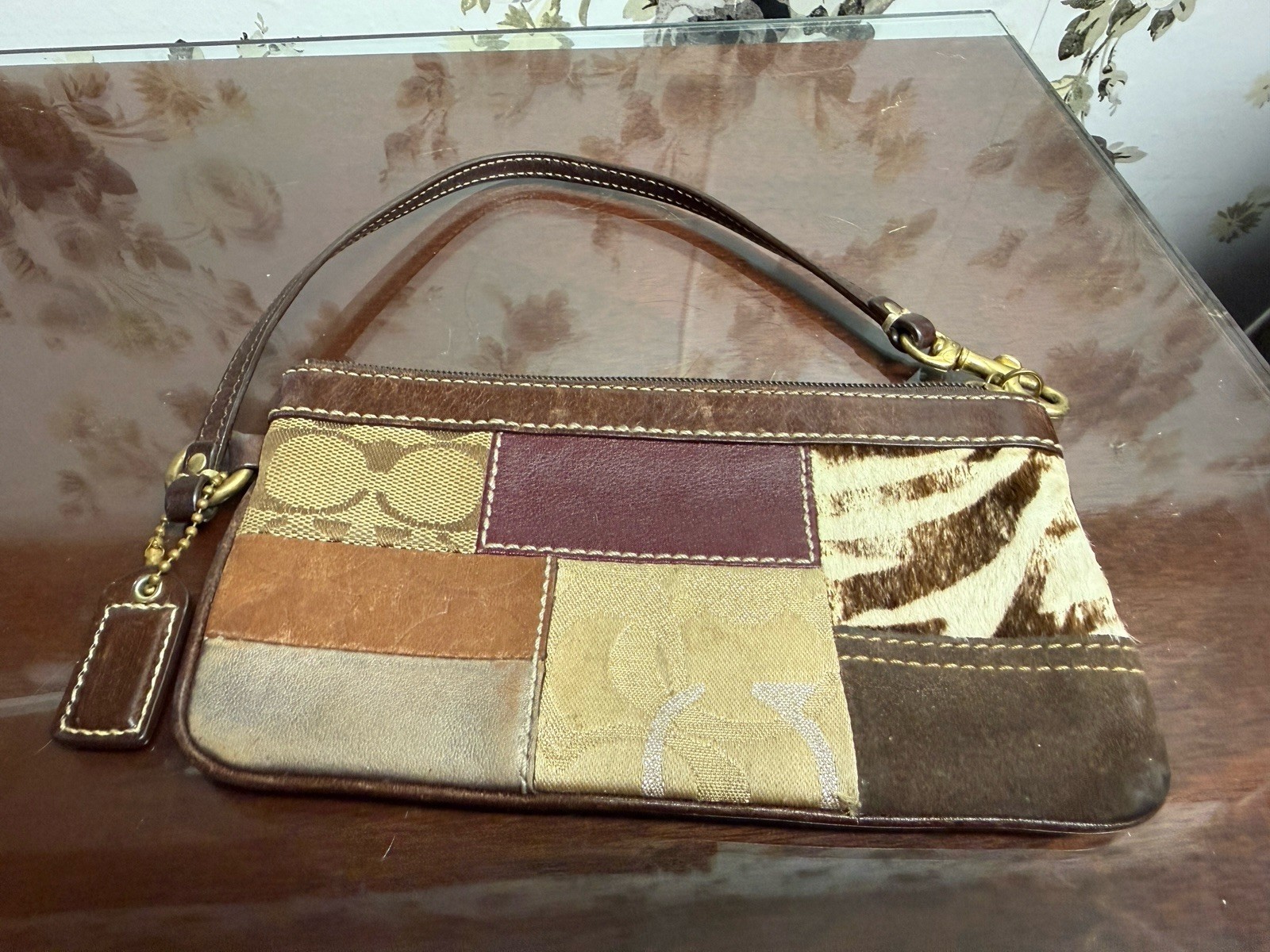 Vintage Coach Patchwork Leather Zebra Pattern Wristlet Y2K Brown Animal Print