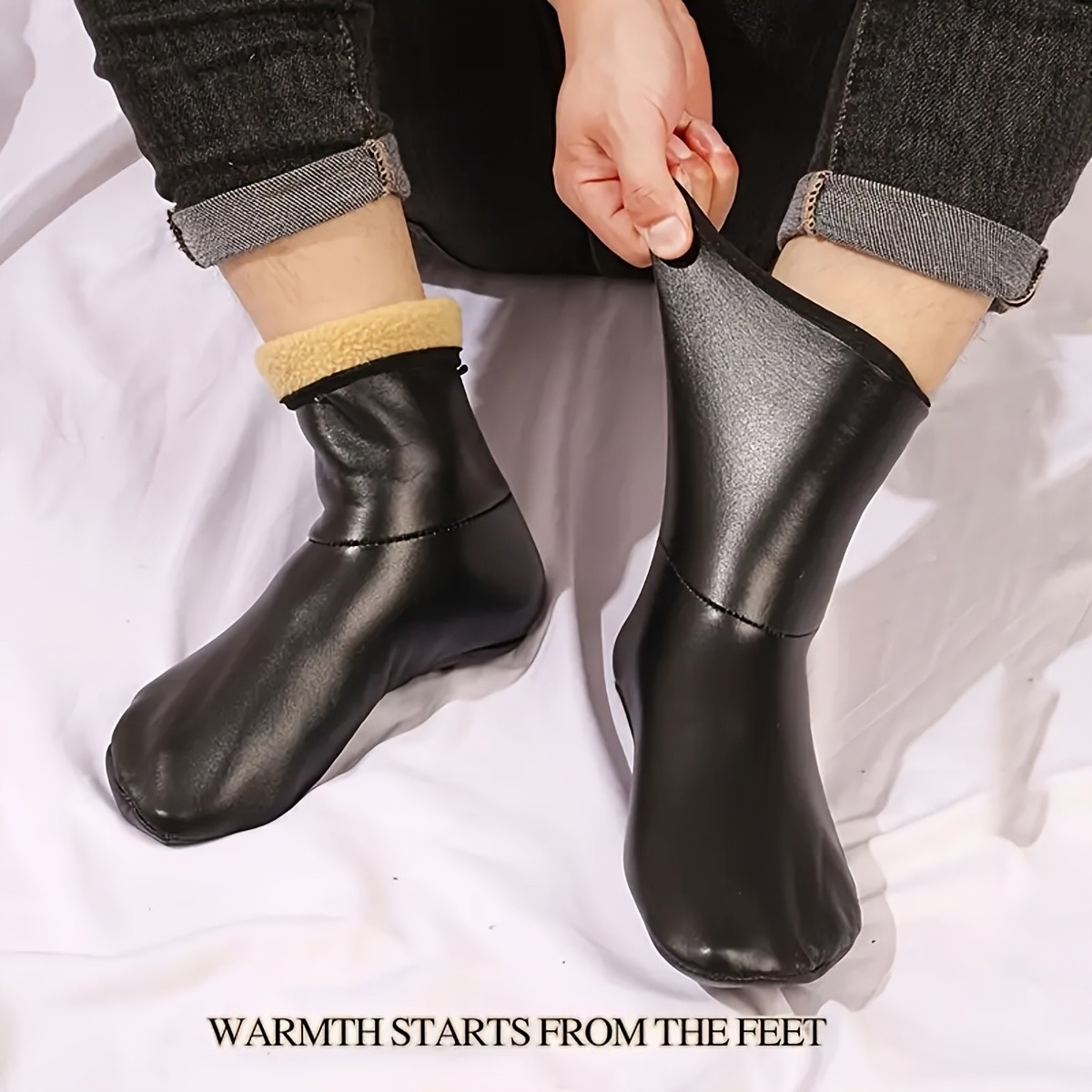 Unisex PU Leather Slipper Socks Thermal Fleece Lined Winter Warm Floor Booties