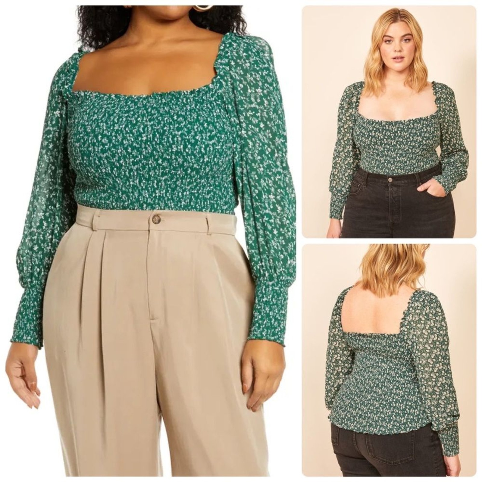 Reformation NWT $148 1X Pinto Smocked Long Puff Sleeves Top Es in Caspian Blue