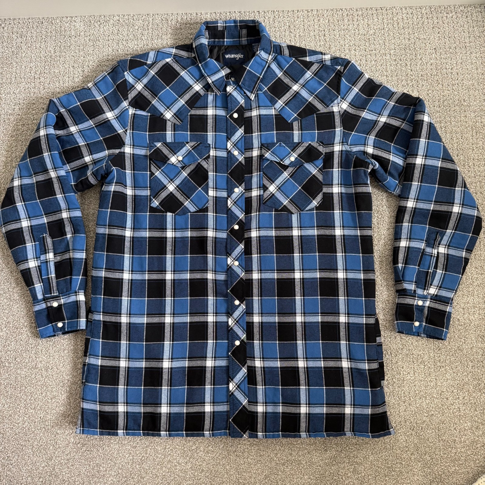 Wrangler Quilted Lined Flannel Shirt Jacket Western Pearl Snap Blue Plaid XLT